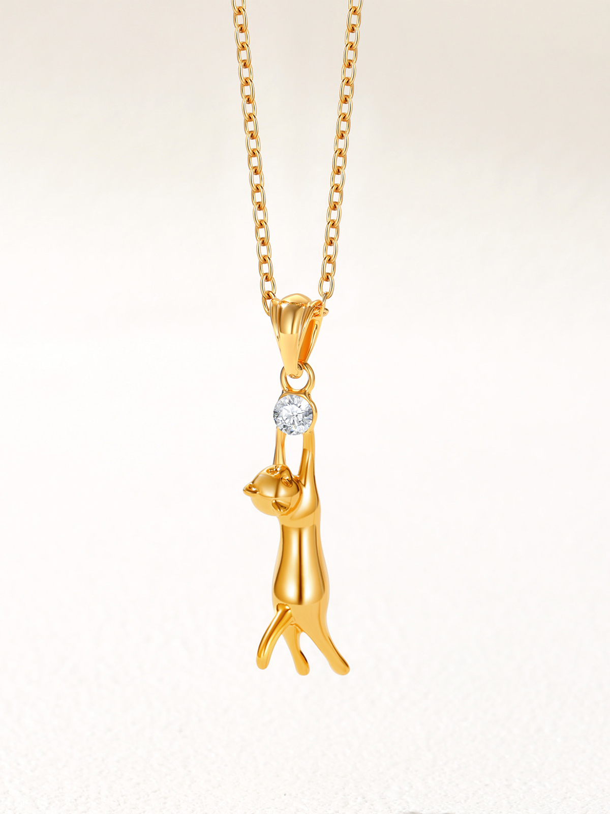 Cute Cat Pendant Animal Necklace with Rhinestone in 18K Gold