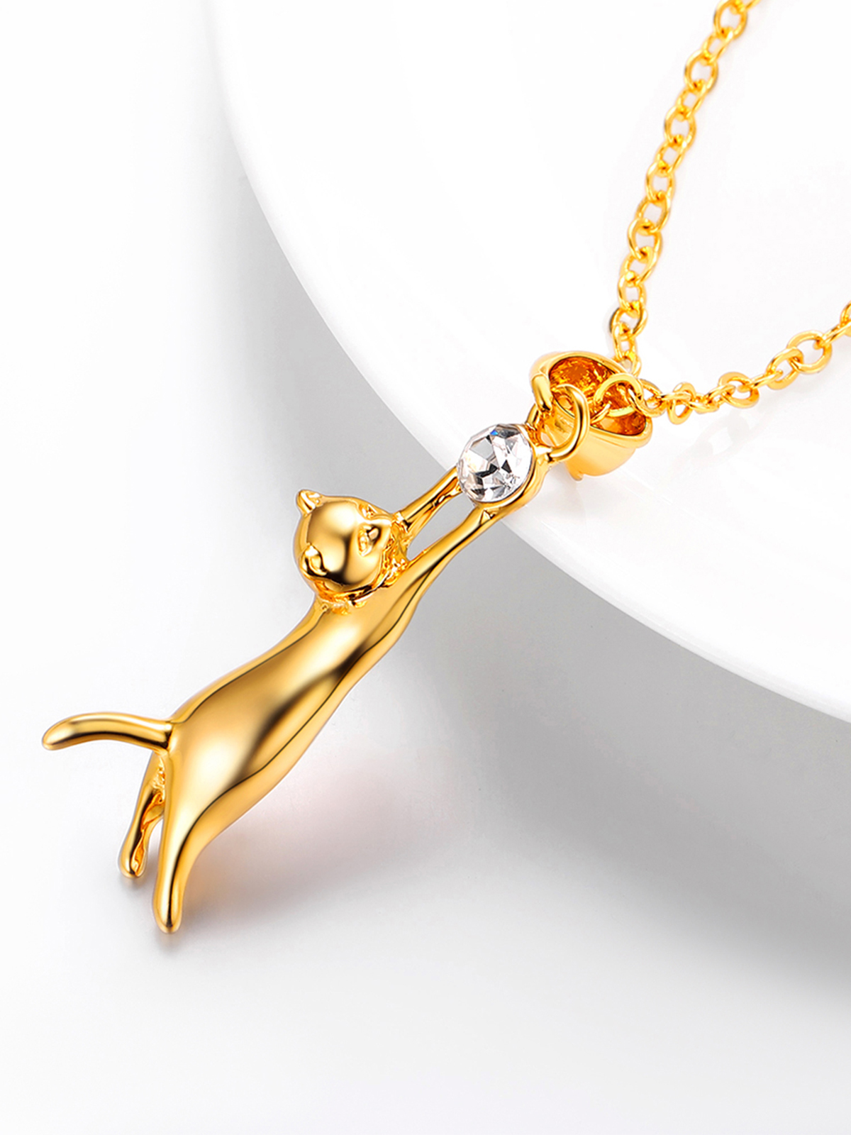 Cute Cat Pendant Animal Necklace with Rhinestone in 18K Gold