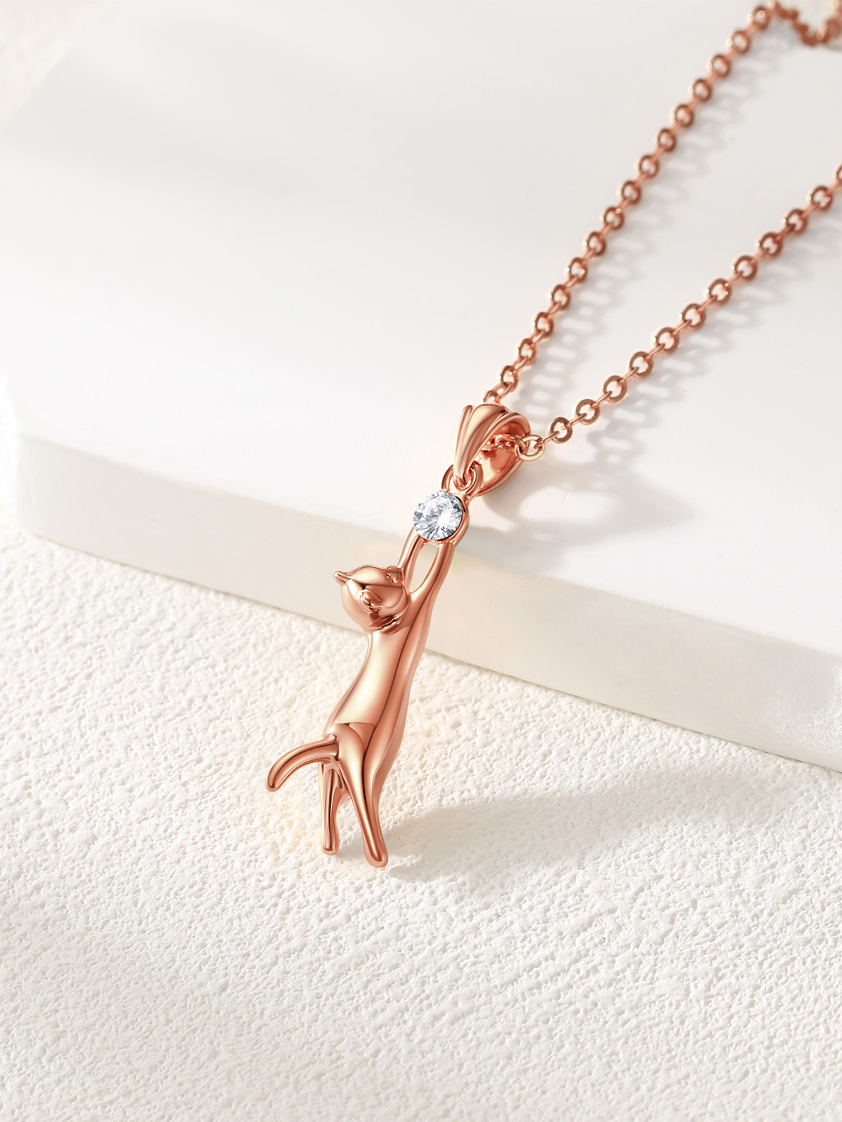 Cute Cat Pendant Animal Necklace with Rhinestone in Rose Gold