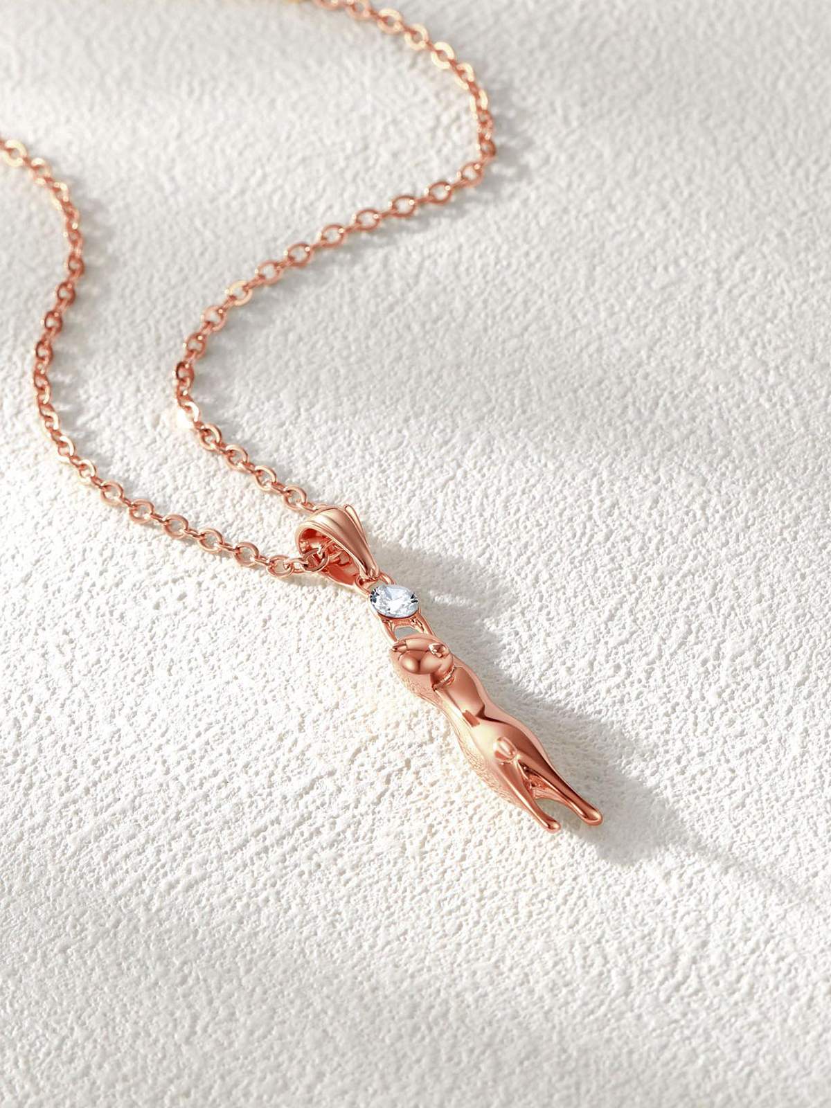 Cute Cat Pendant Animal Necklace with Rhinestone in Rose Gold
