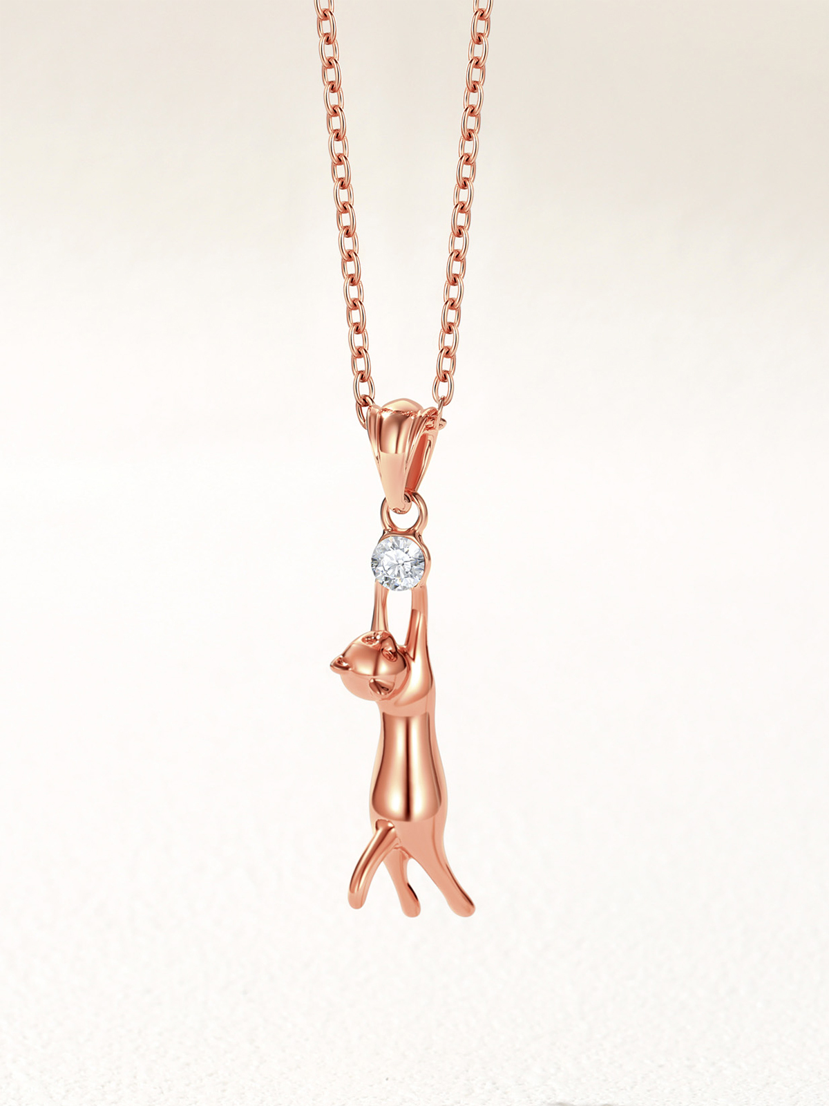 Cute Cat Pendant Animal Necklace with Rhinestone in Rose Gold