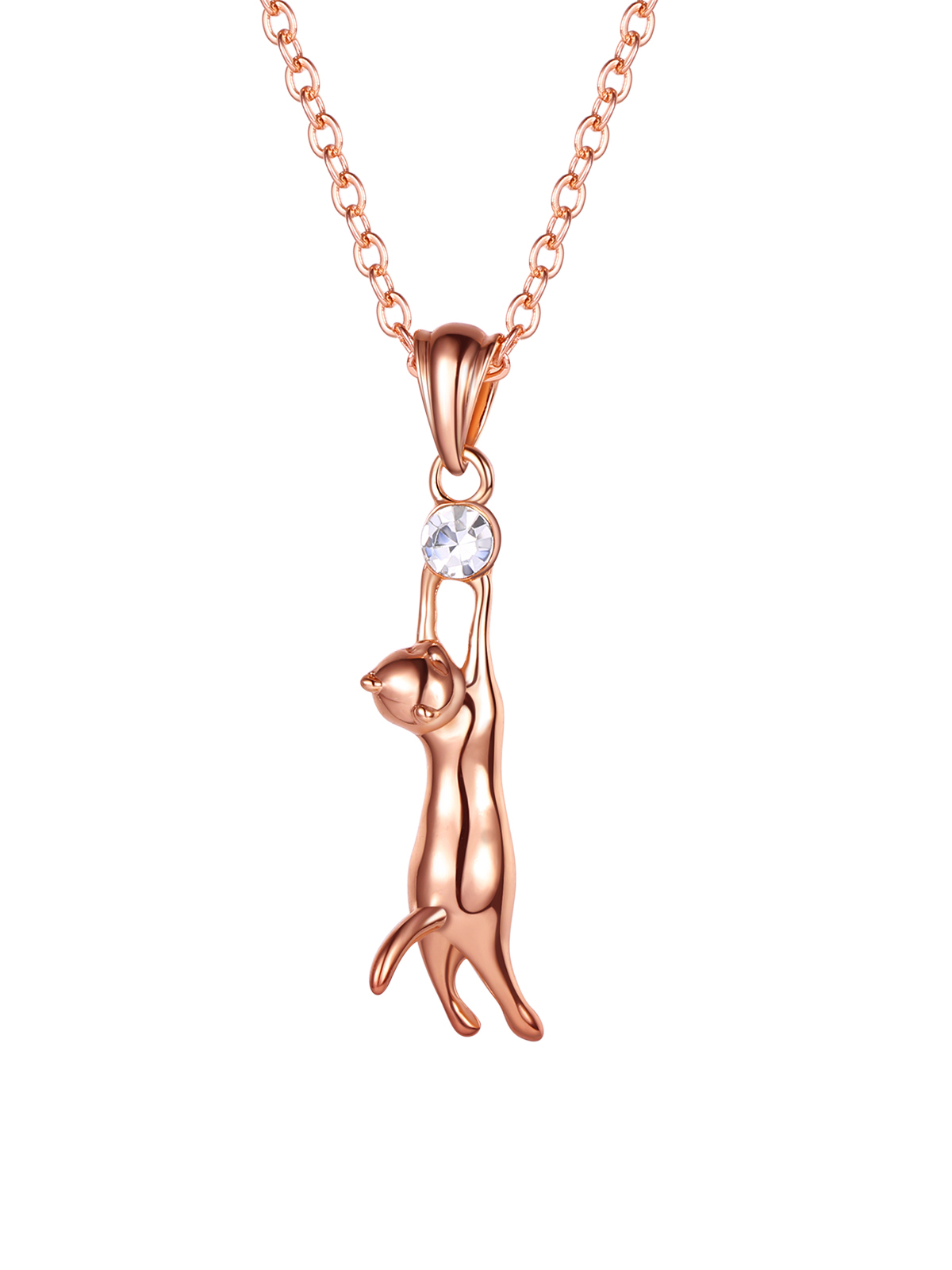 Cute Cat Pendant Animal Necklace with Rhinestone in Rose Gold