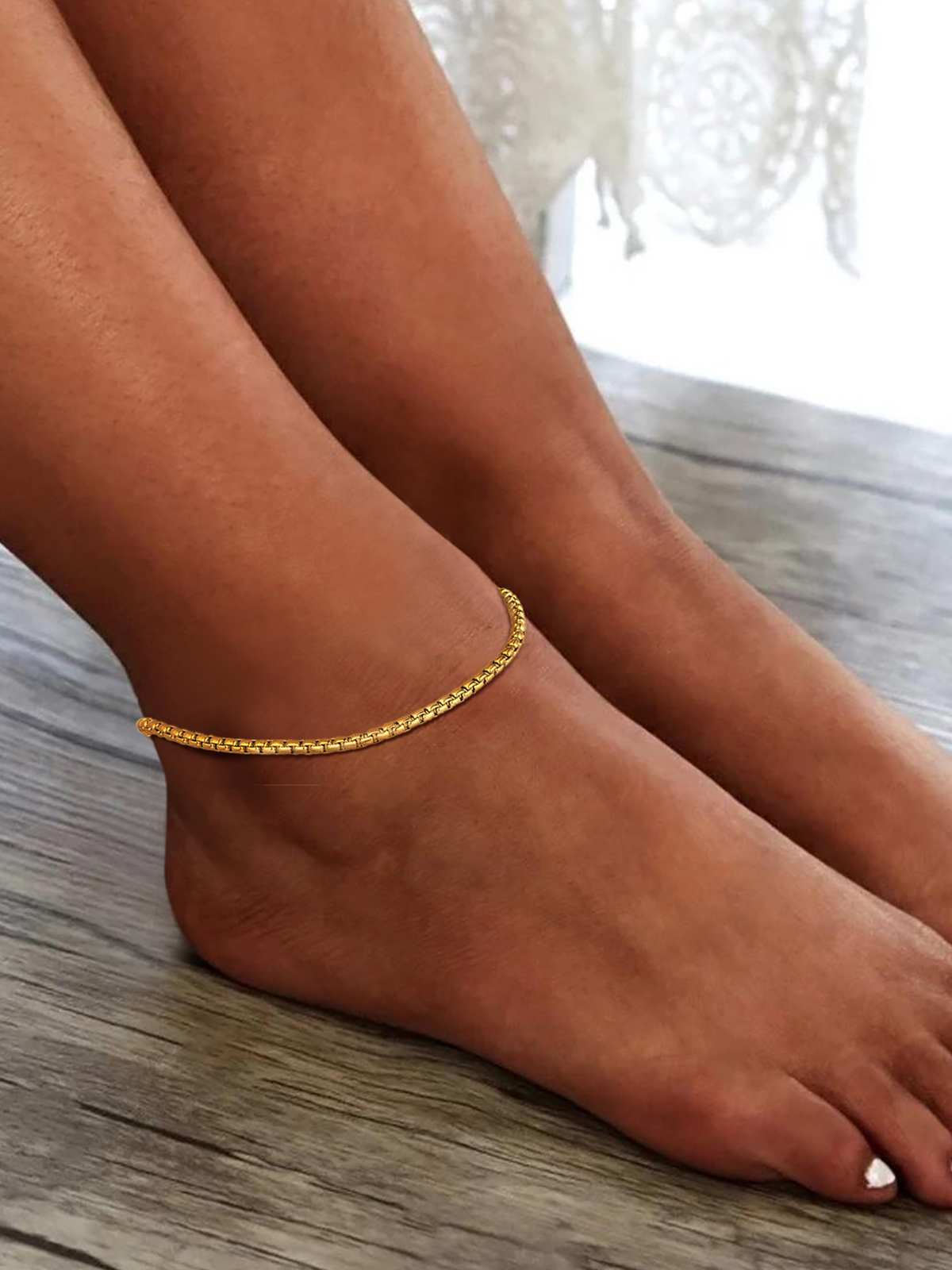 3mm Thick Box Chain Anklet in 18K Gold Plated