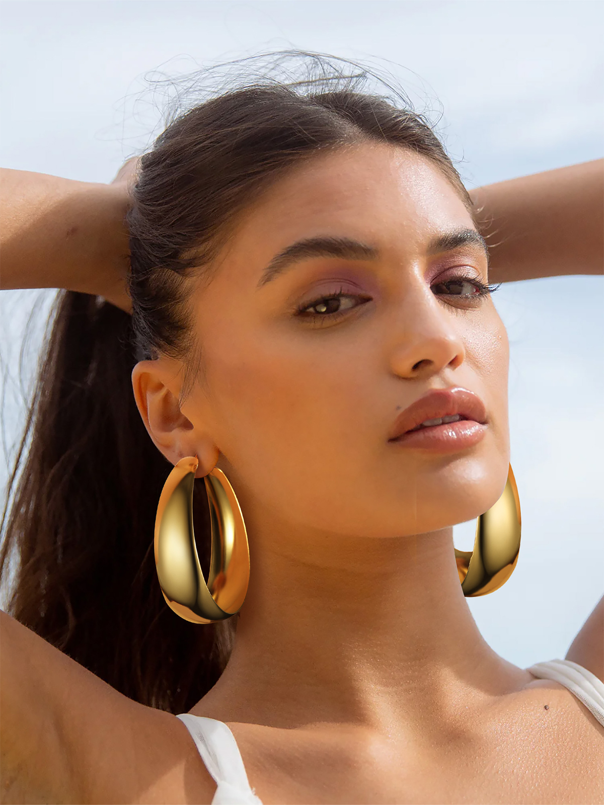 thumbnail image 2 of Massive Oversized 3-Hoop Earrings – Chunky Gold Plated Metal, 8cm Long, Leverback Closure 2 of 6