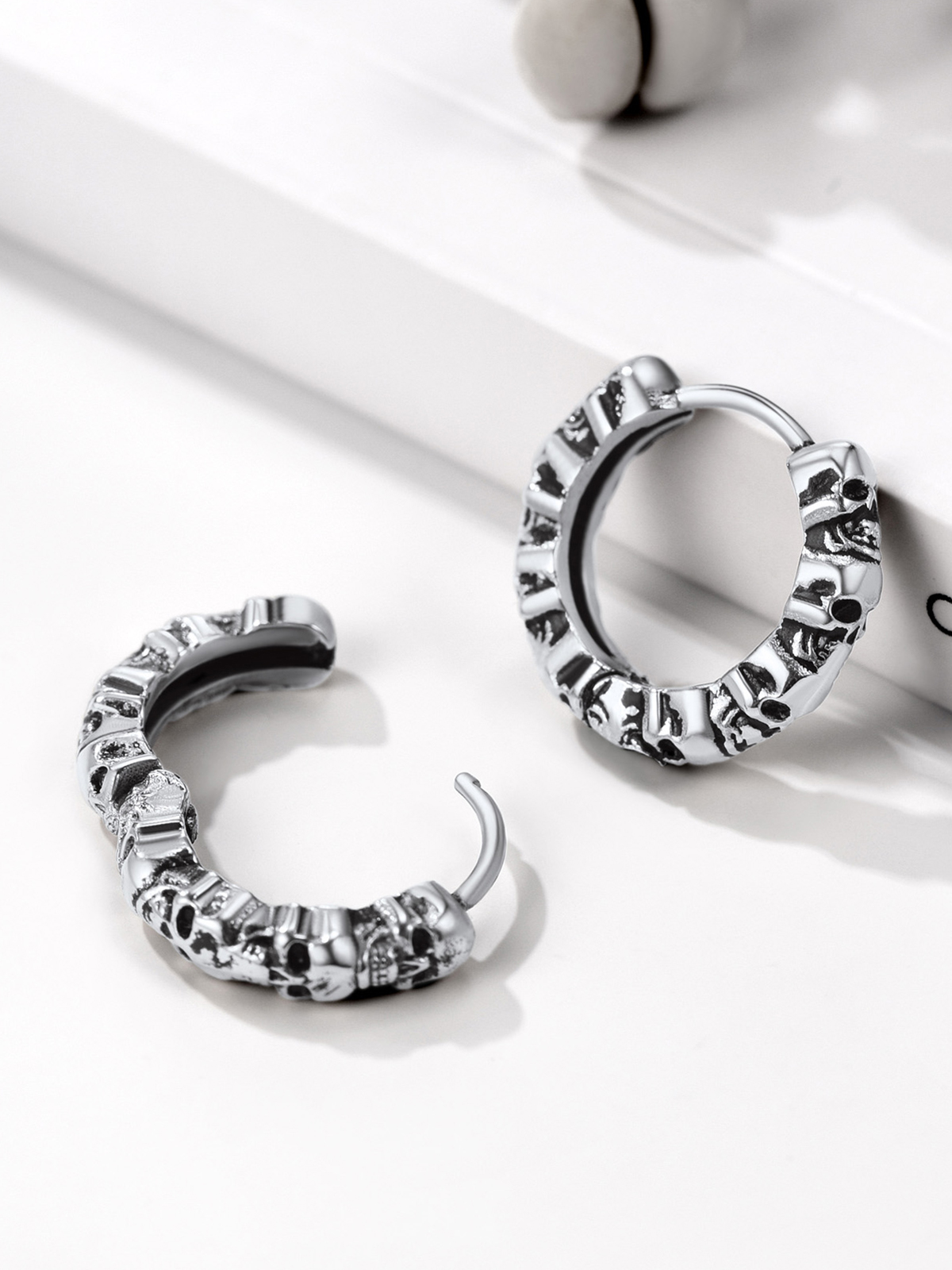 Skull Huggie Hoops Punk Rock Earrings in Platinum Plated