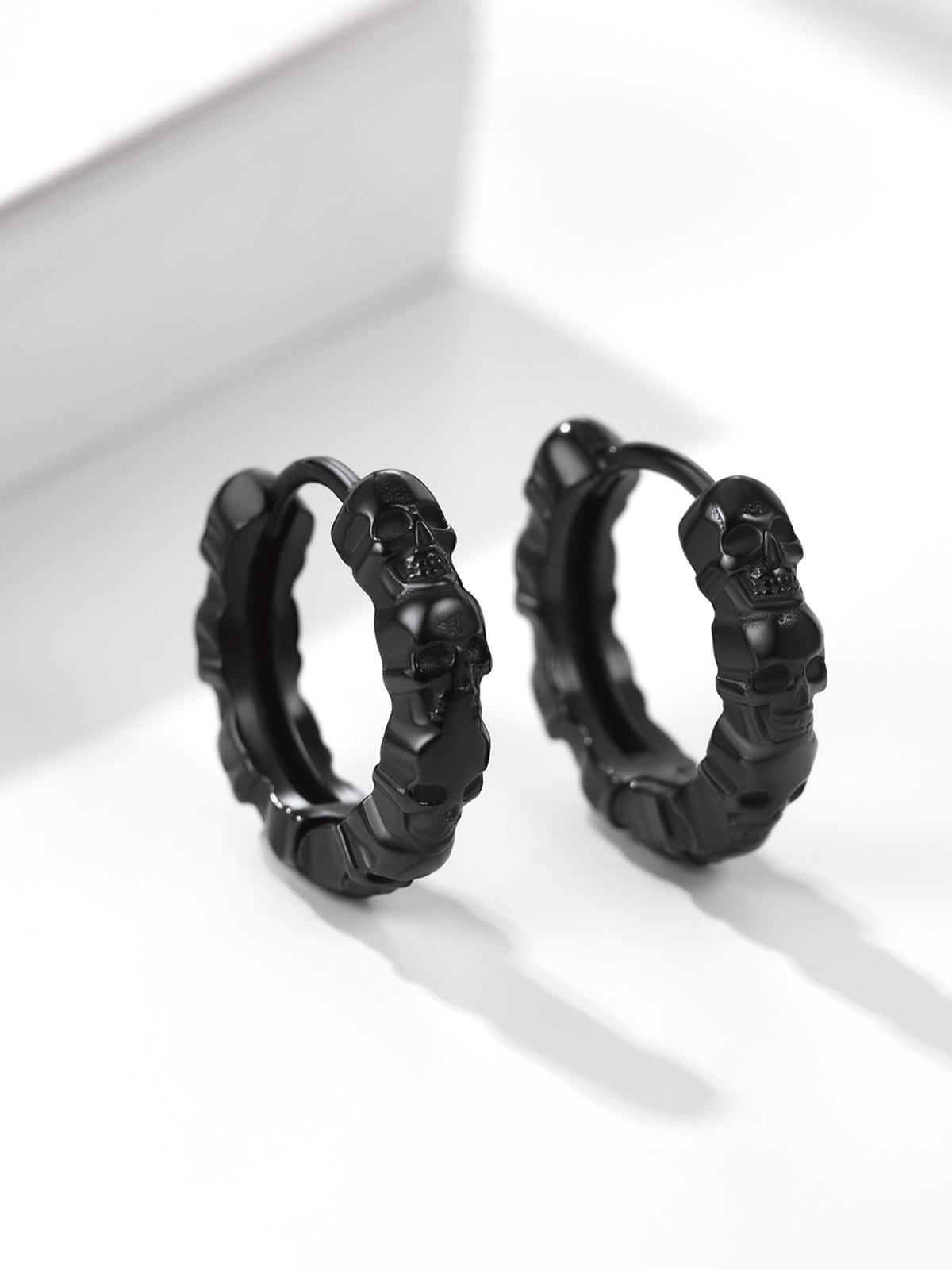 Skull Huggie Hoops Punk Rock Earrings in Black Plated