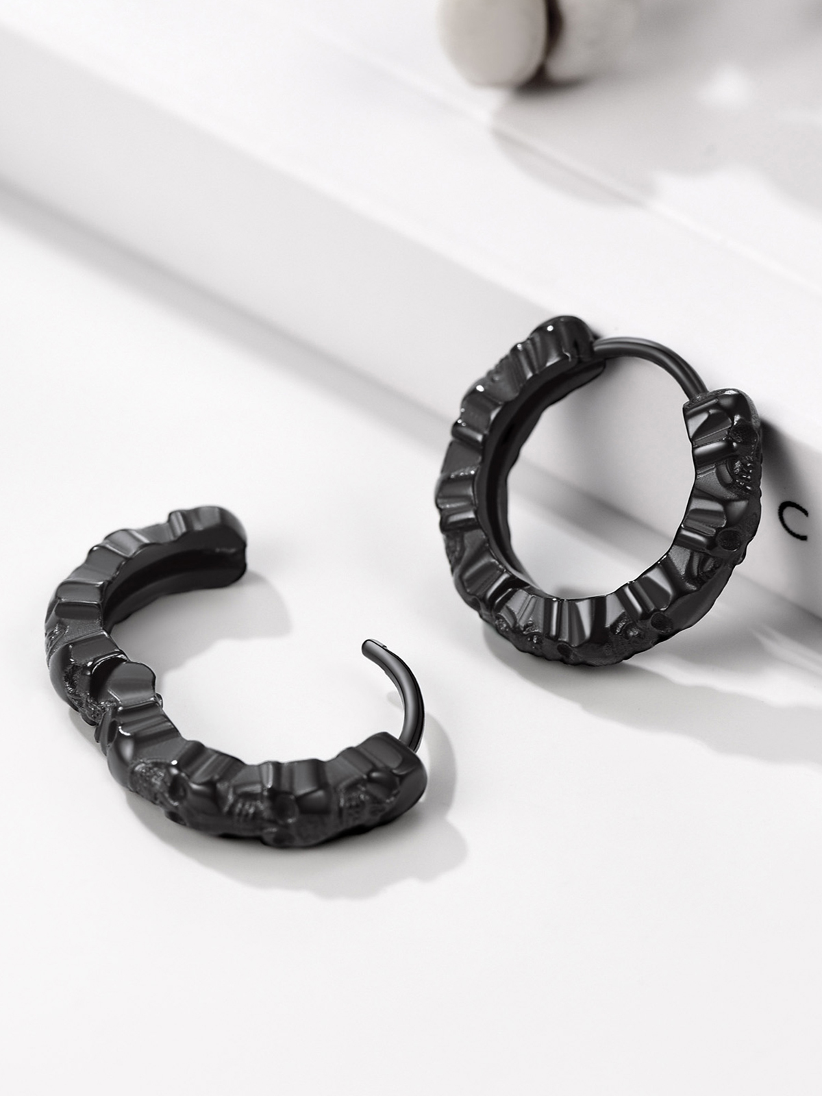 Skull Huggie Hoops Punk Rock Earrings in Black Plated
