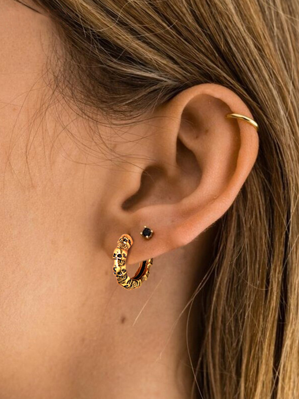 Skull Huggie Hoops Punk Rock Earrings in 18K Gold Plated