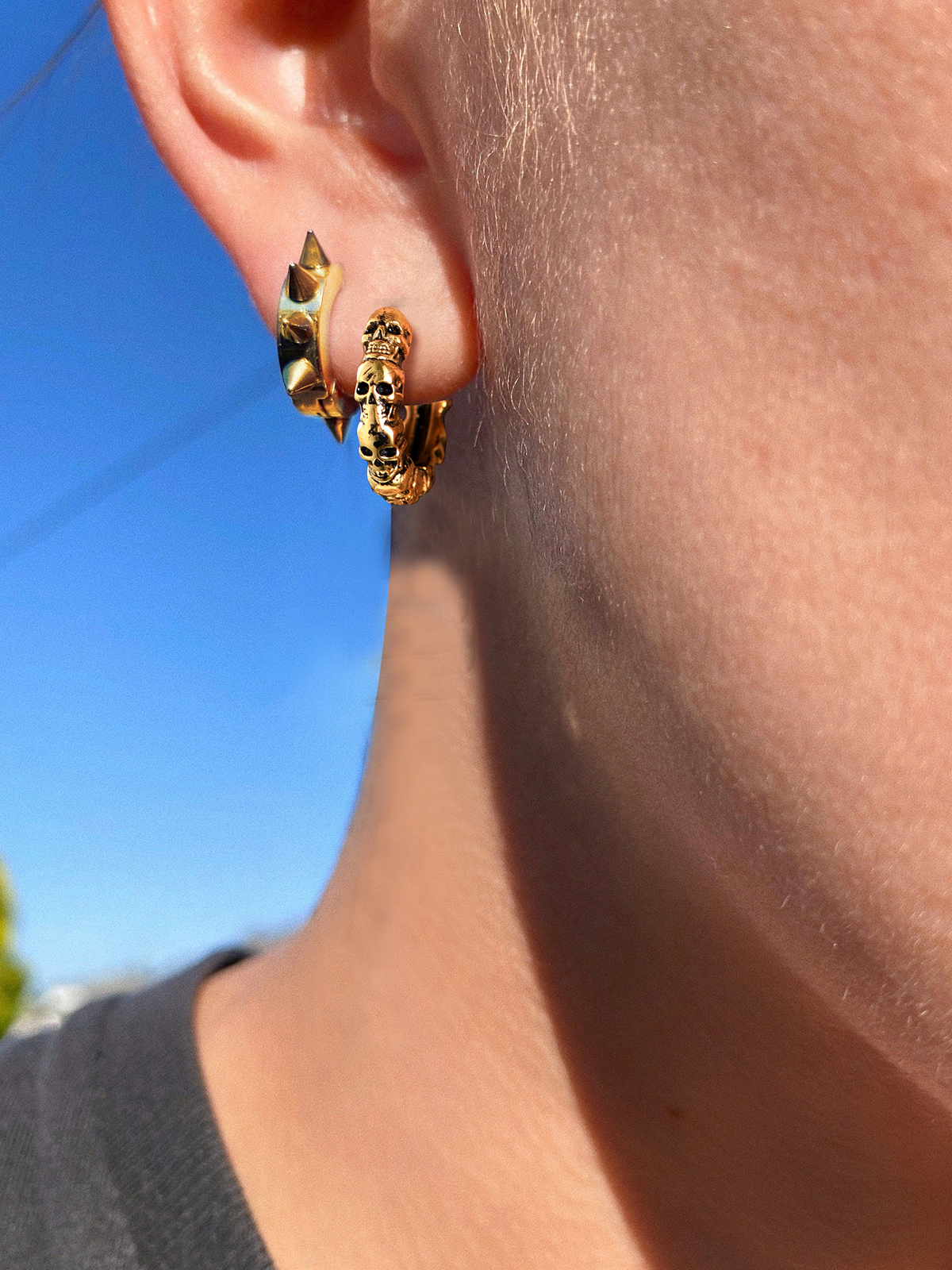 Skull Huggie Hoops Punk Rock Earrings in 18K Gold Plated