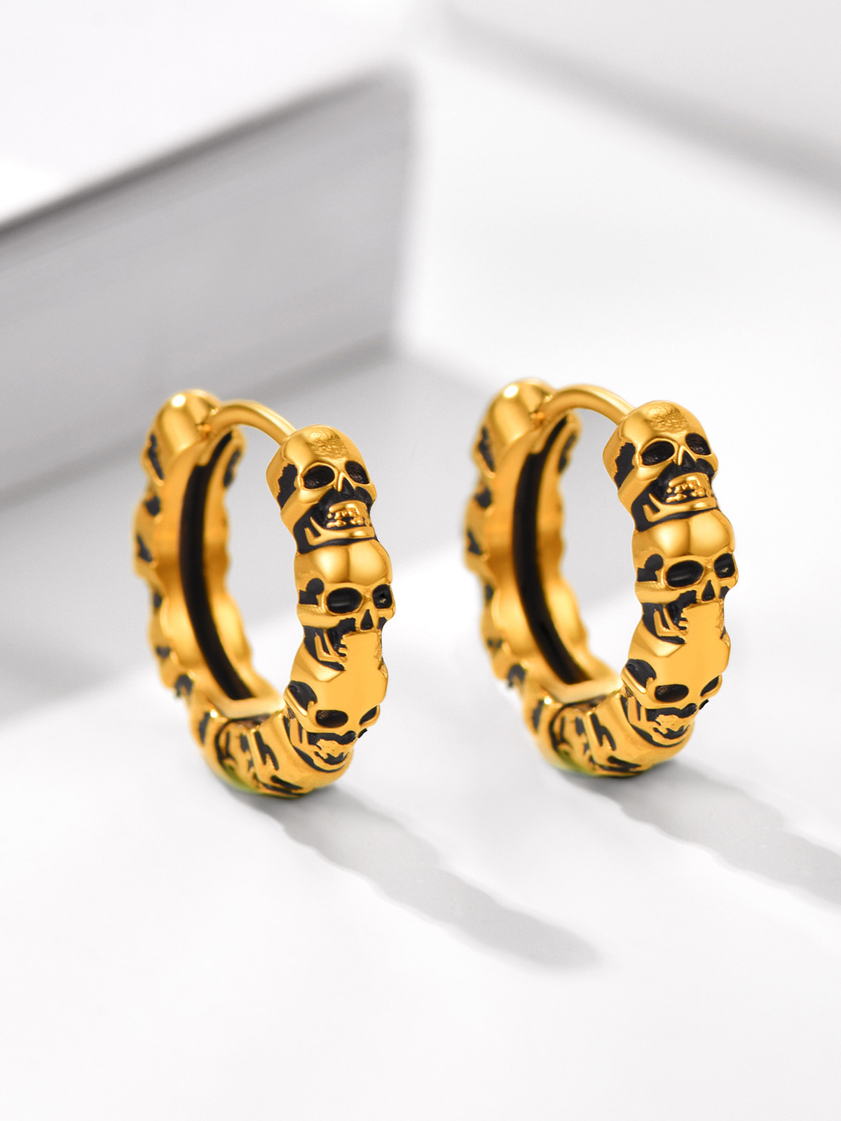 Skull Huggie Hoops Punk Rock Earrings in 18K Gold Plated