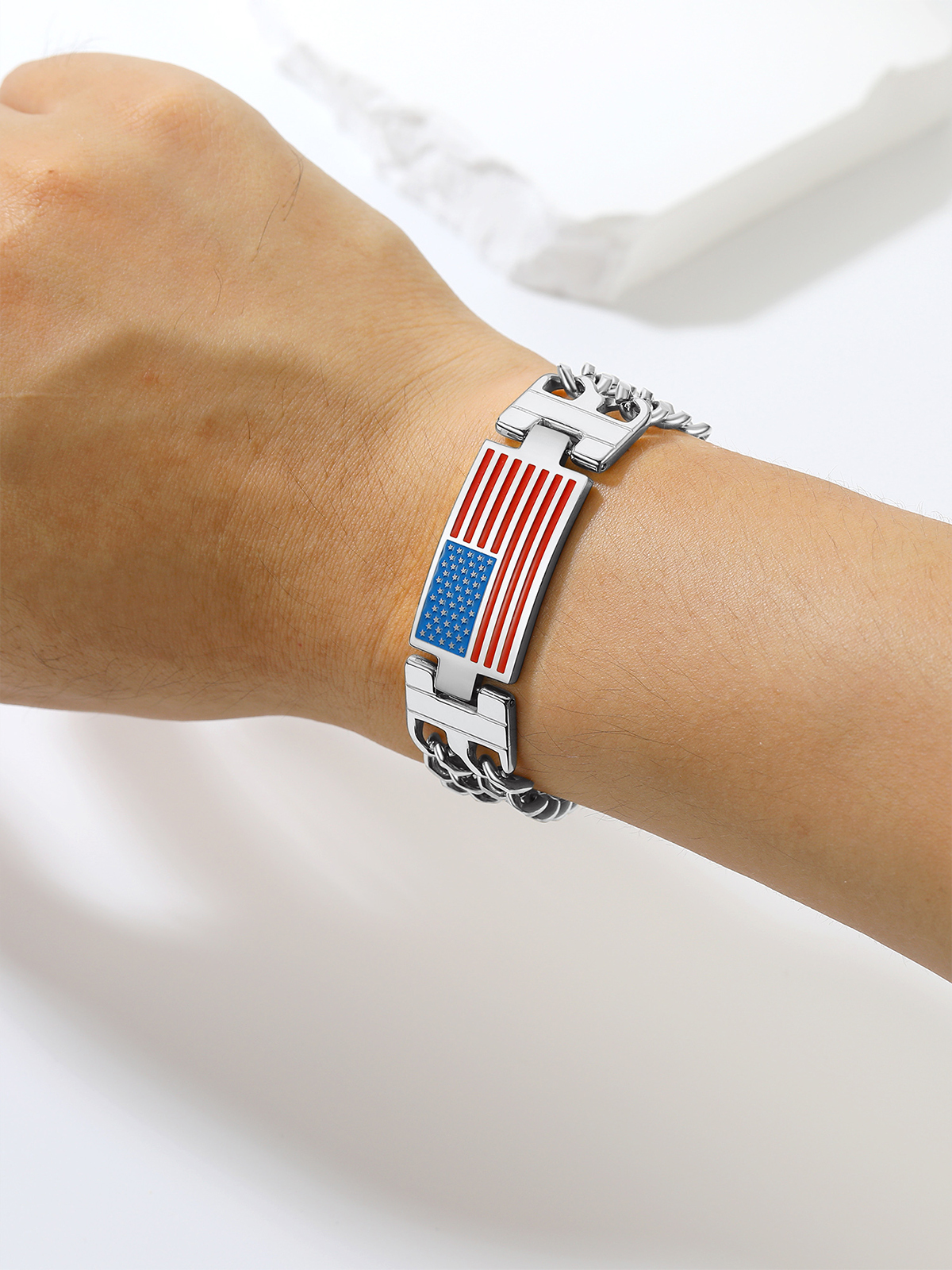 8mm Double Cuban Link Chain American Flag Bracelet in Stainless