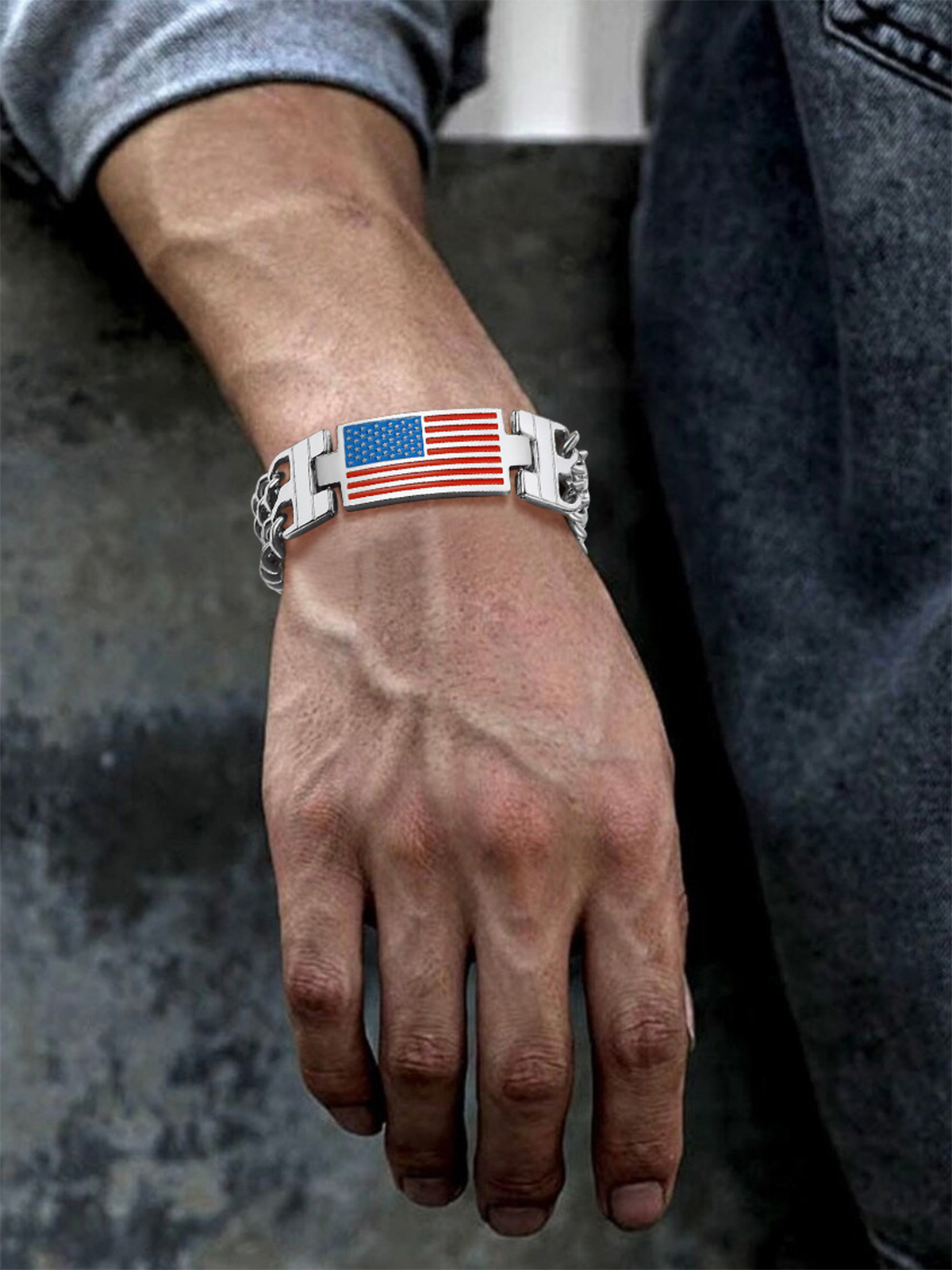 8mm Double Cuban Link Chain American Flag Bracelet in Stainless