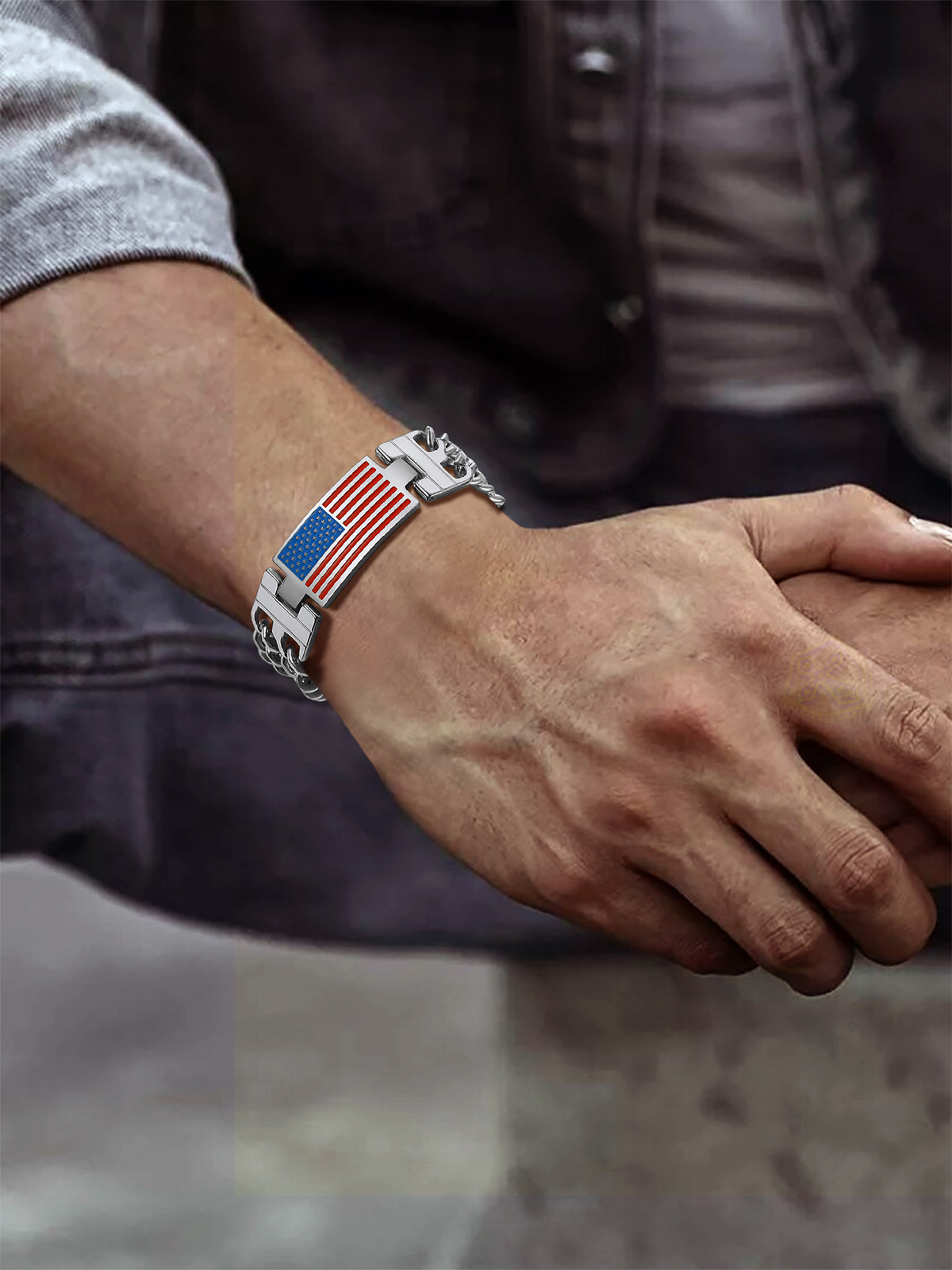 8mm Double Cuban Link Chain American Flag Bracelet in Stainless