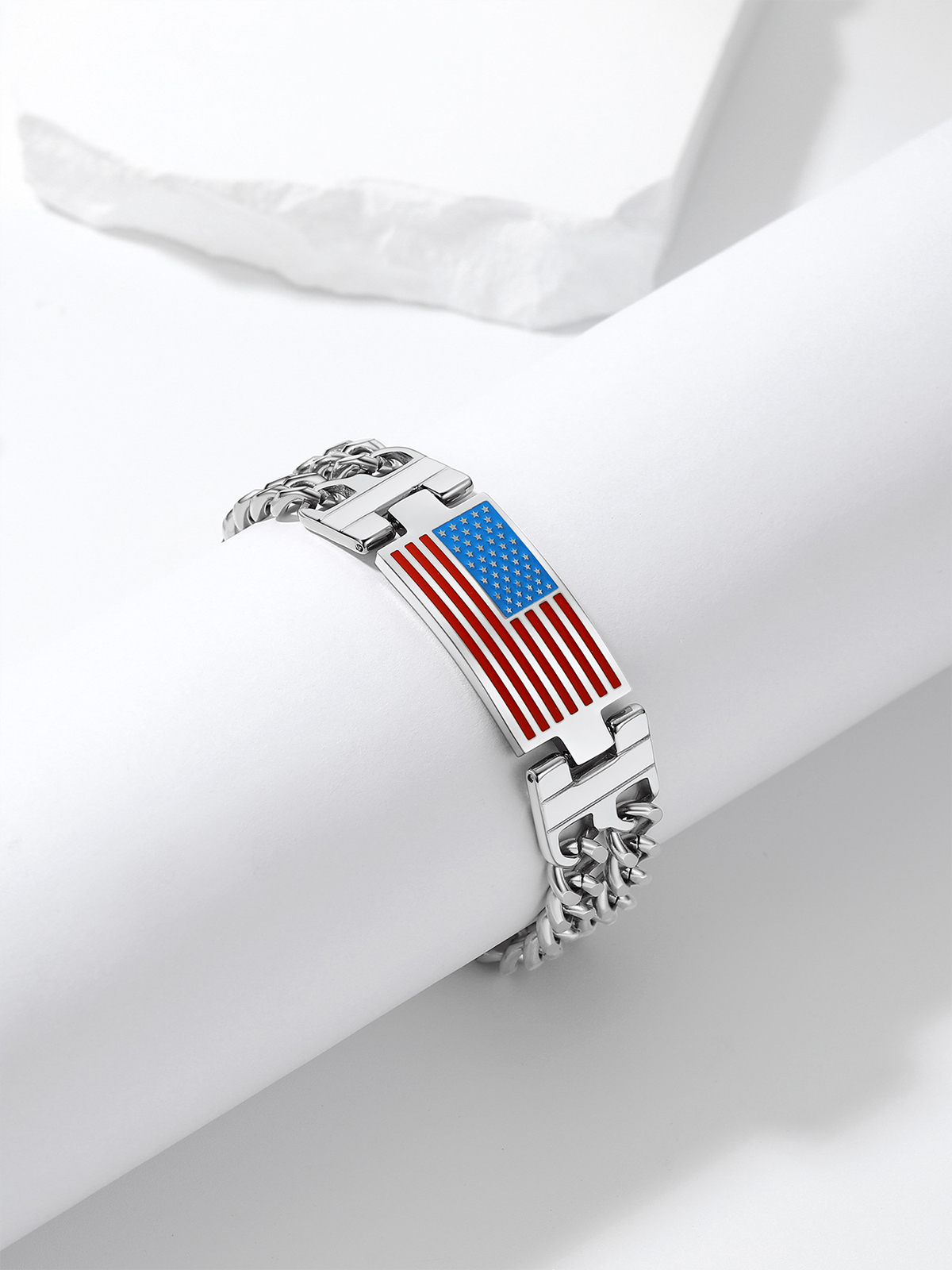 8mm Double Cuban Link Chain American Flag Bracelet in Stainless