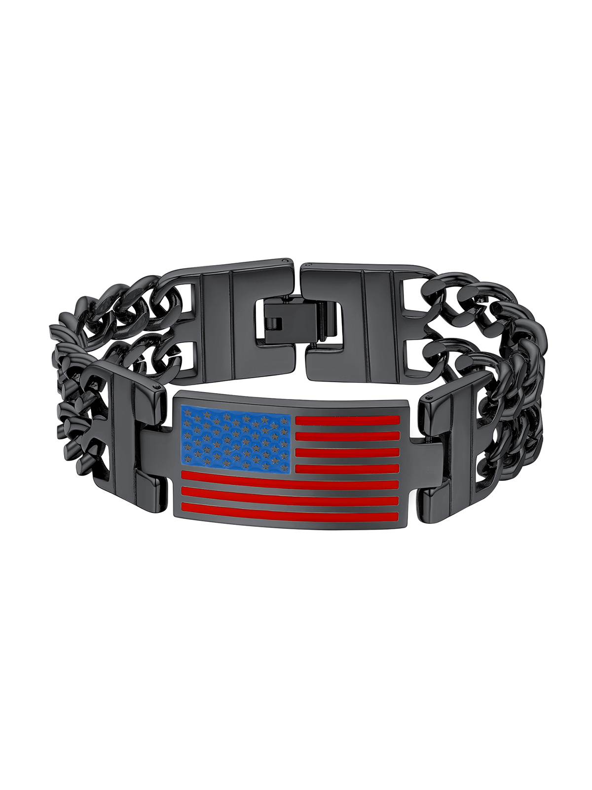 8mm Double Cuban Link Chain American Flag Bracelet in Black