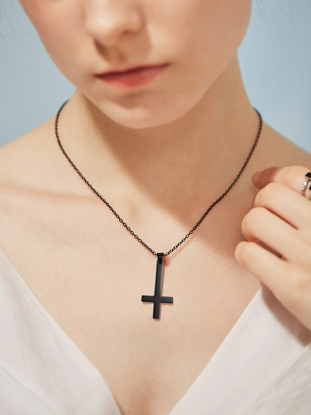 Inverted Cross Pendant Upside Down Cross Necklace in Black