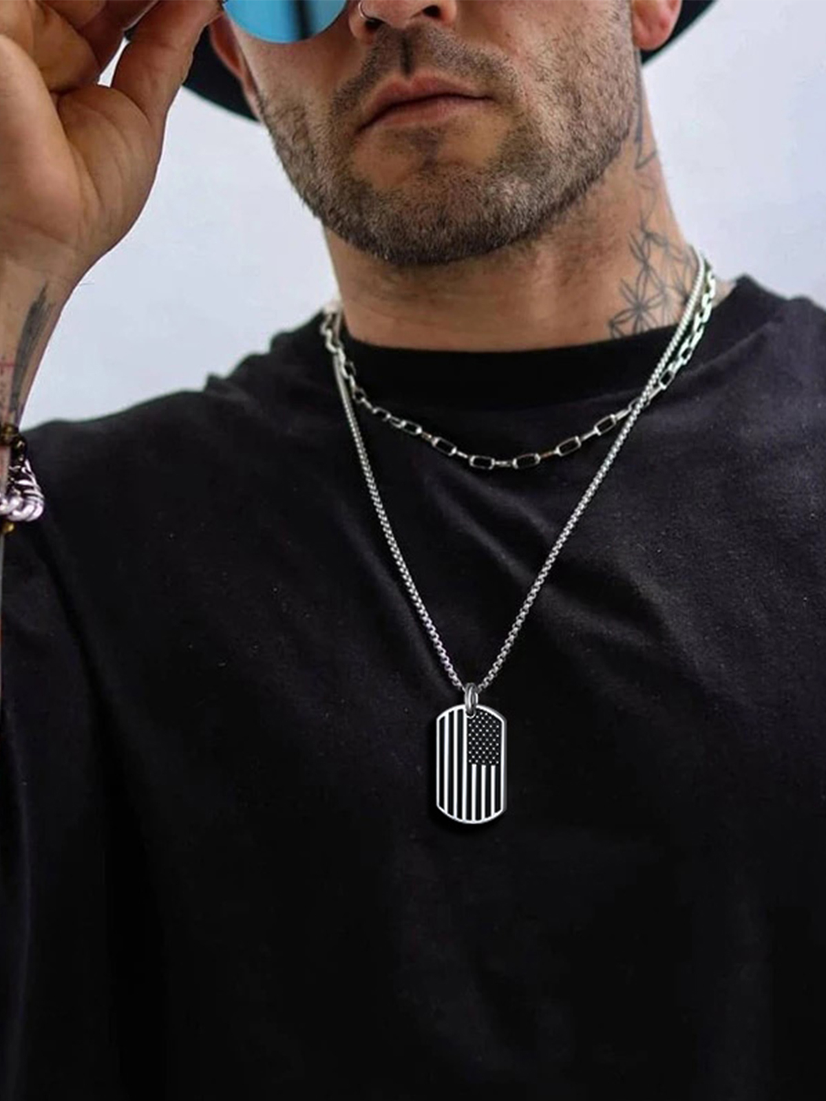 American Flag Pendant Dog Tag Necklace in Stainless