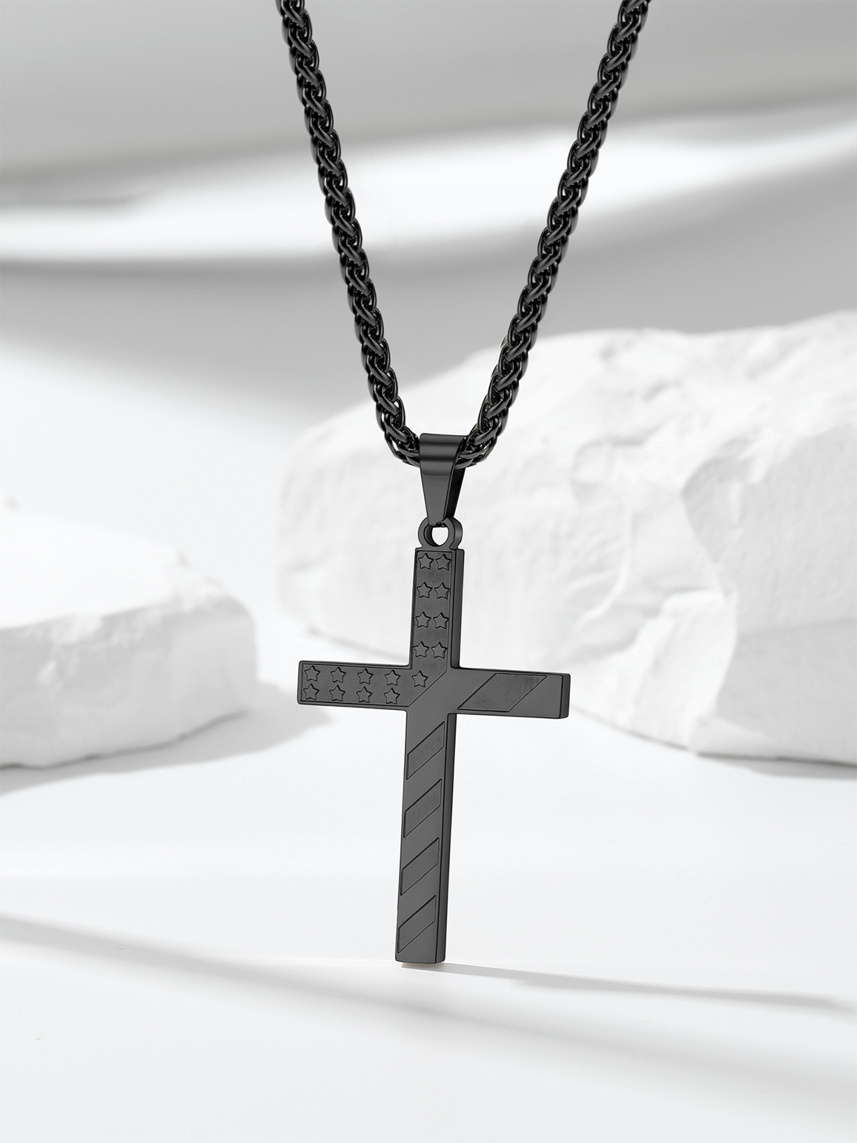 Cross Pendant American Flag Necklace in Black