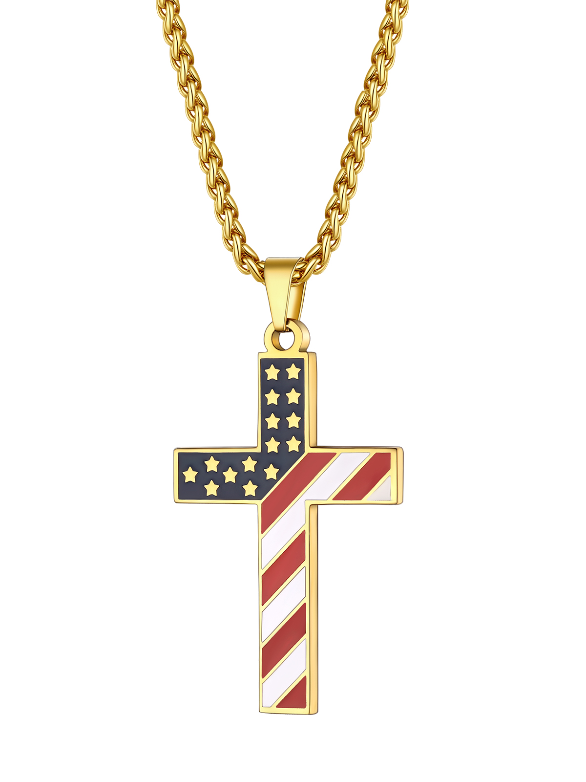 Cross Pendant American Flag Necklace in 18K Gold