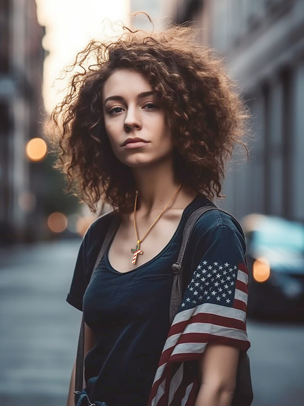 Cross Pendant American Flag Necklace in 18K Gold