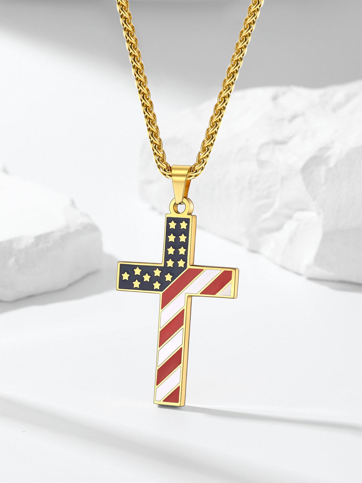 Cross Pendant American Flag Necklace in 18K Gold