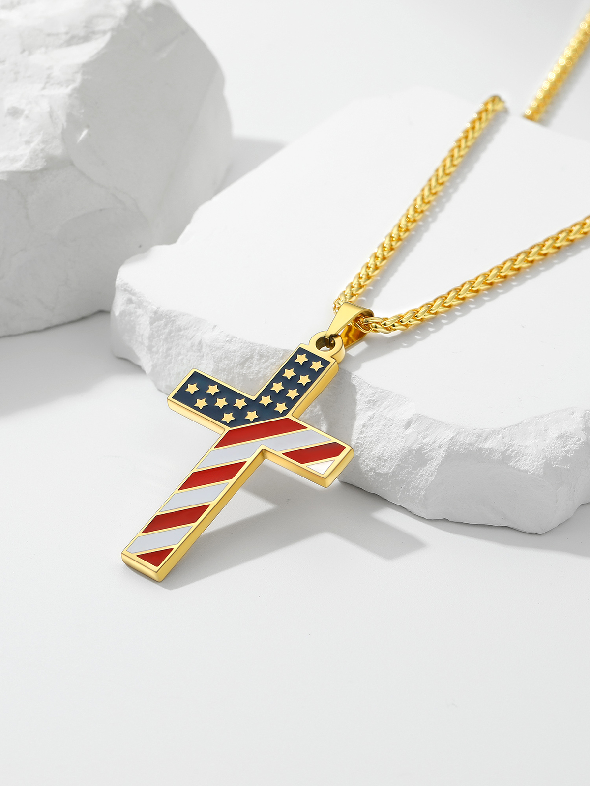 Cross Pendant American Flag Necklace in 18K Gold
