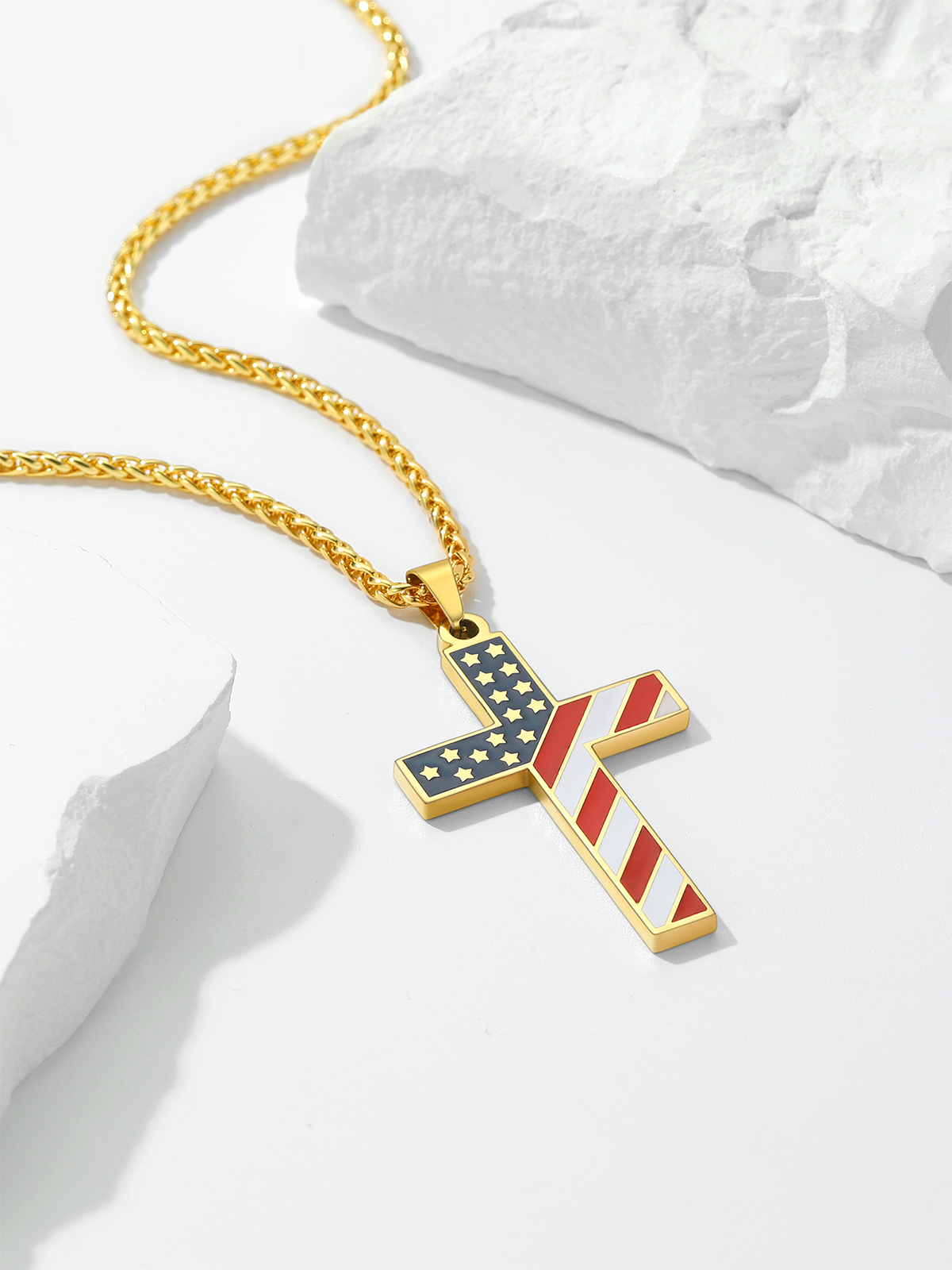 Cross Pendant American Flag Necklace in 18K Gold