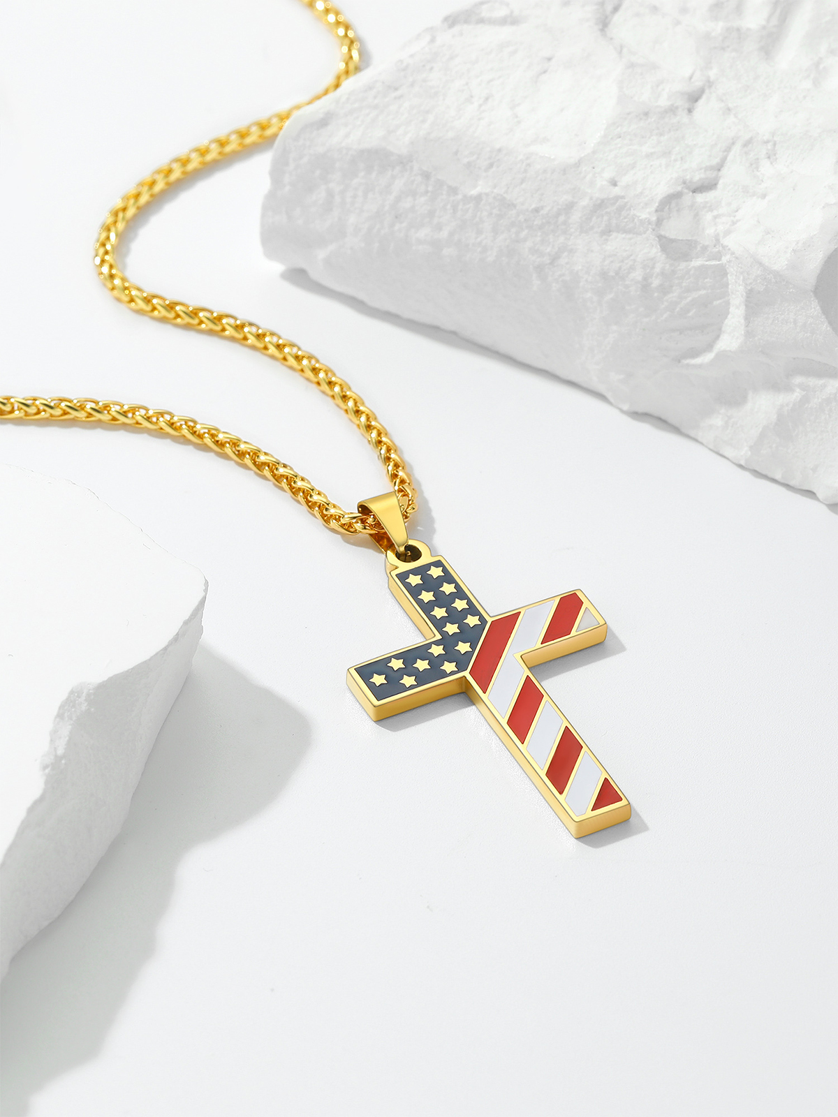 Cross Pendant American Flag Necklace in 18K Gold