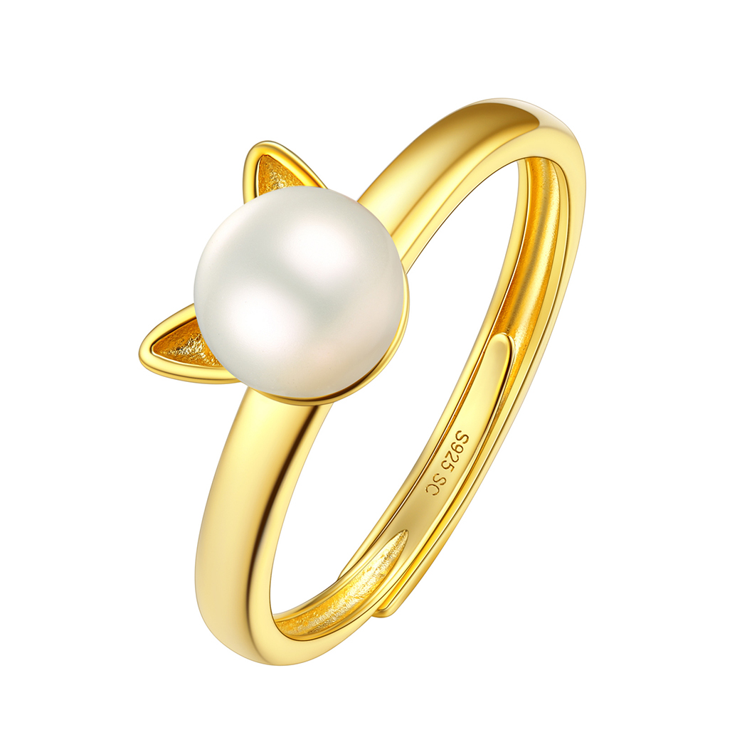 Pearl Cute Cat Ring in 18K Gold Plated