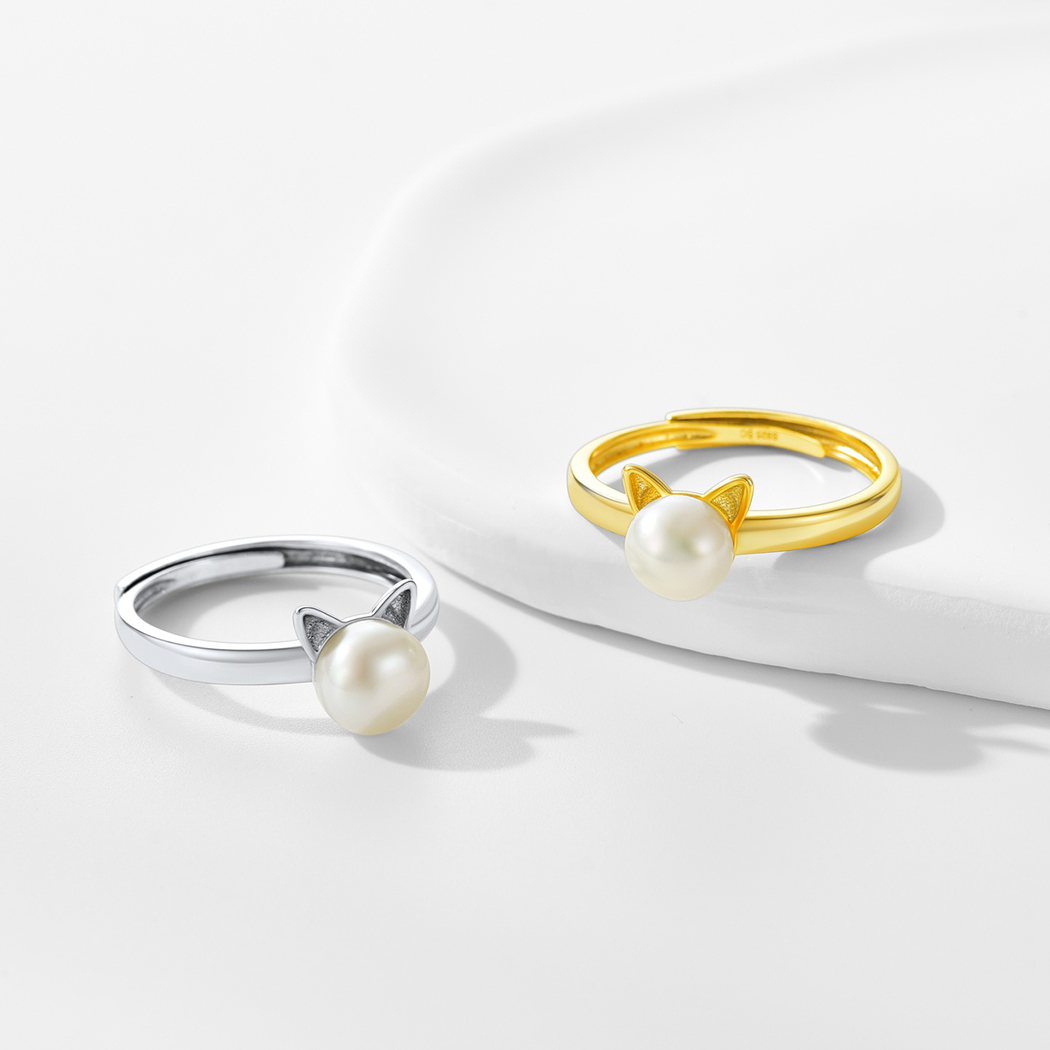 Pearl Cute Cat Ring in Different Colors