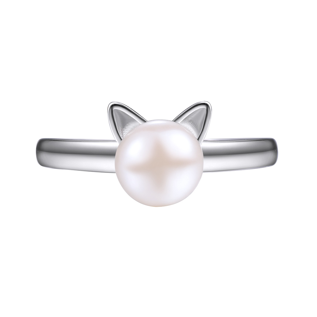 Pearl Cute Cat Ring in Silver-01