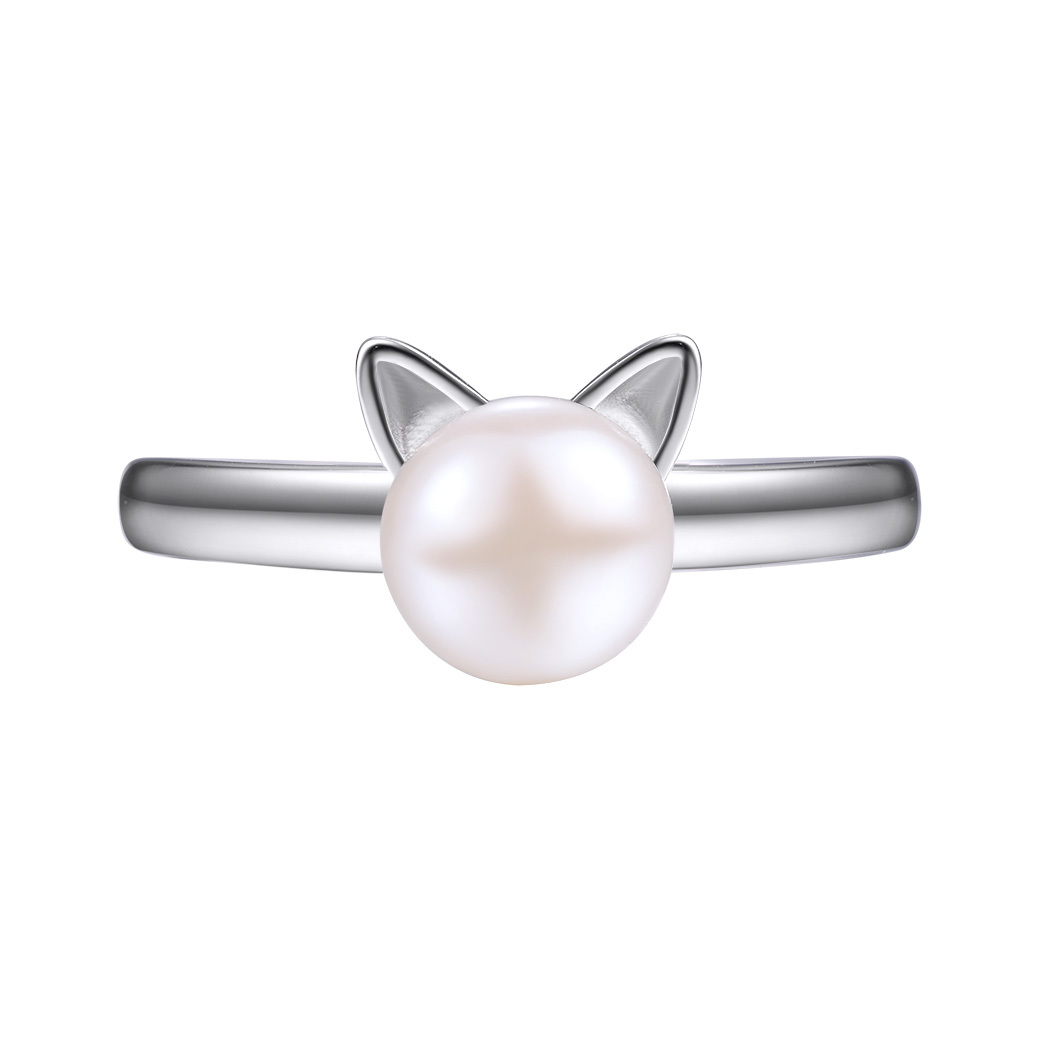 Pearl Cute Cat Ring in Silver-01