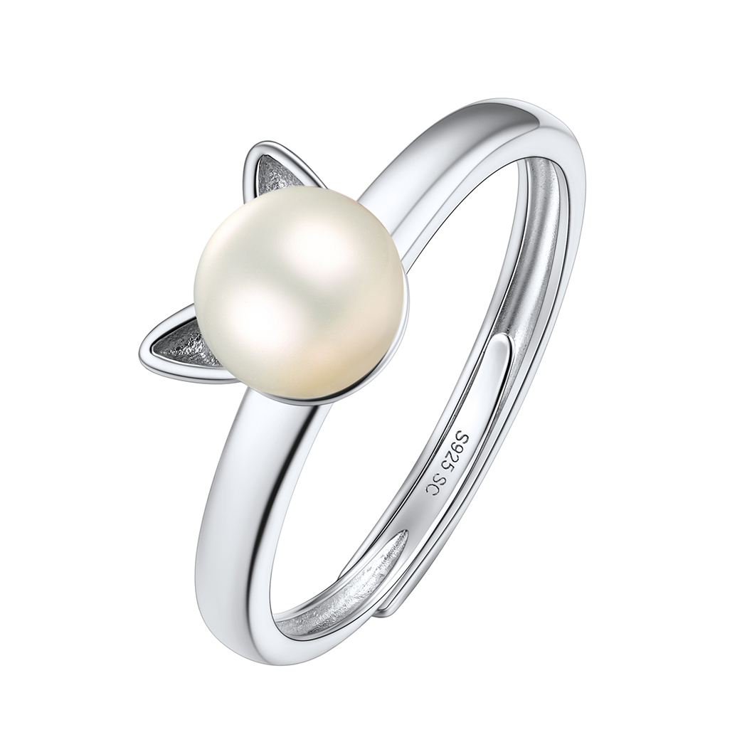 Pearl Cute Cat Ring in Silver