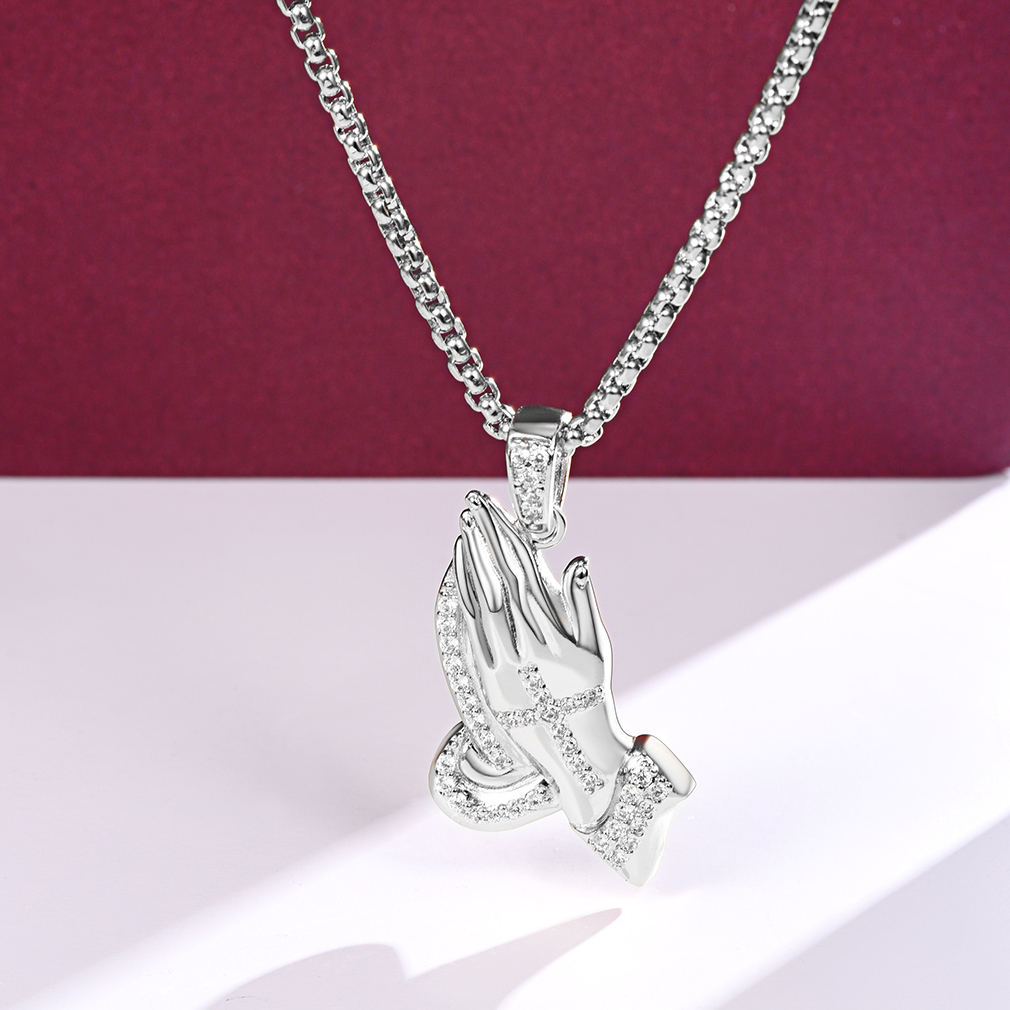 Praying Hand Cross Pendant Necklace with CZ, Platinum Plated-01