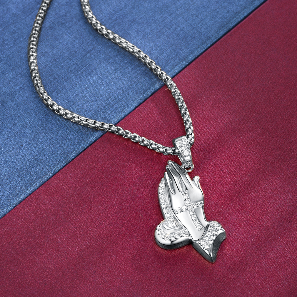 Praying Hand Cross Pendant Necklace with CZ, Platinum Plated-02