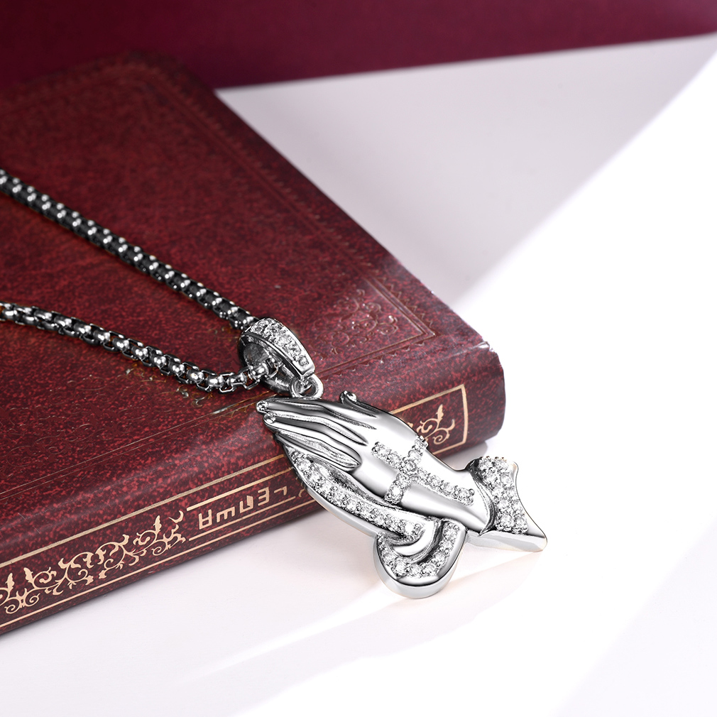 Praying Hand Cross Pendant Necklace with CZ, Platinum Plated-03