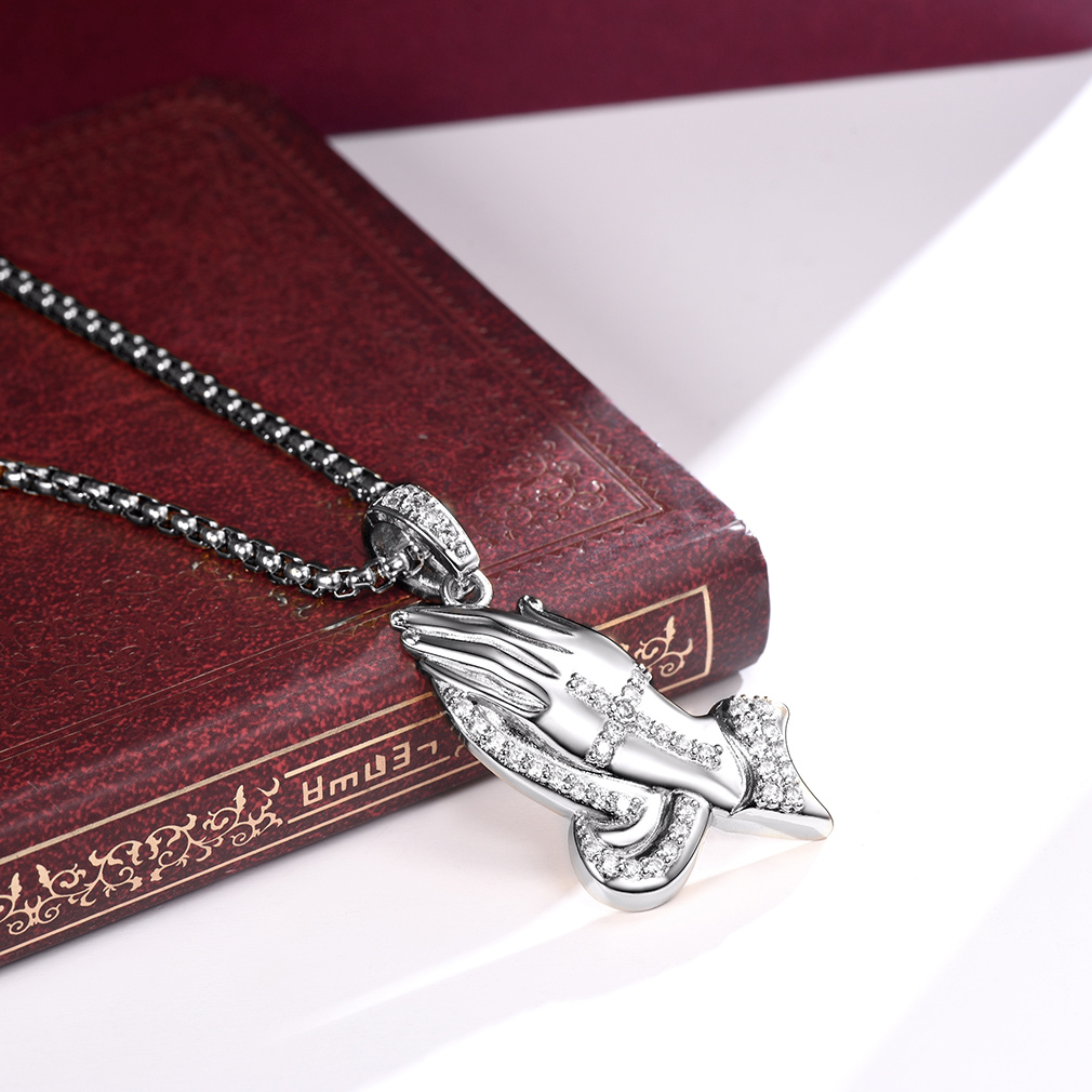 Praying Hand Cross Pendant Necklace with CZ, Platinum Plated-03