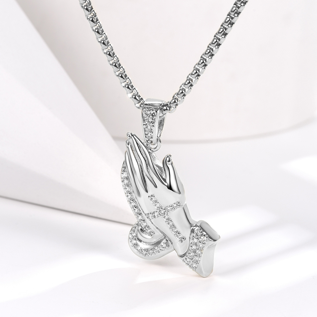 Praying Hand Cross Pendant Necklace with CZ, Platinum Plated-04