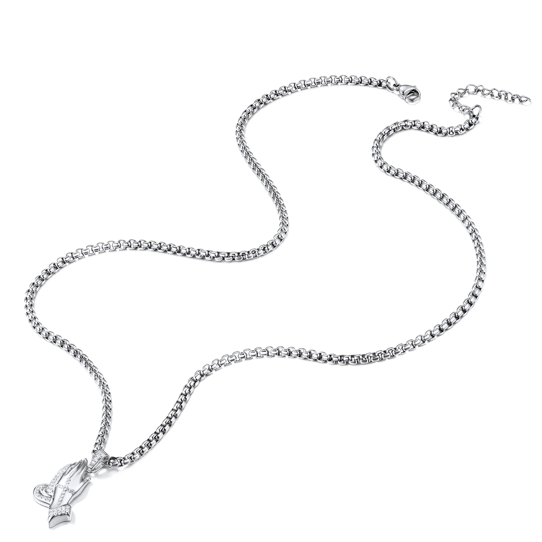 Praying Hand Cross Pendant Necklace with CZ, Platinum Plated-05