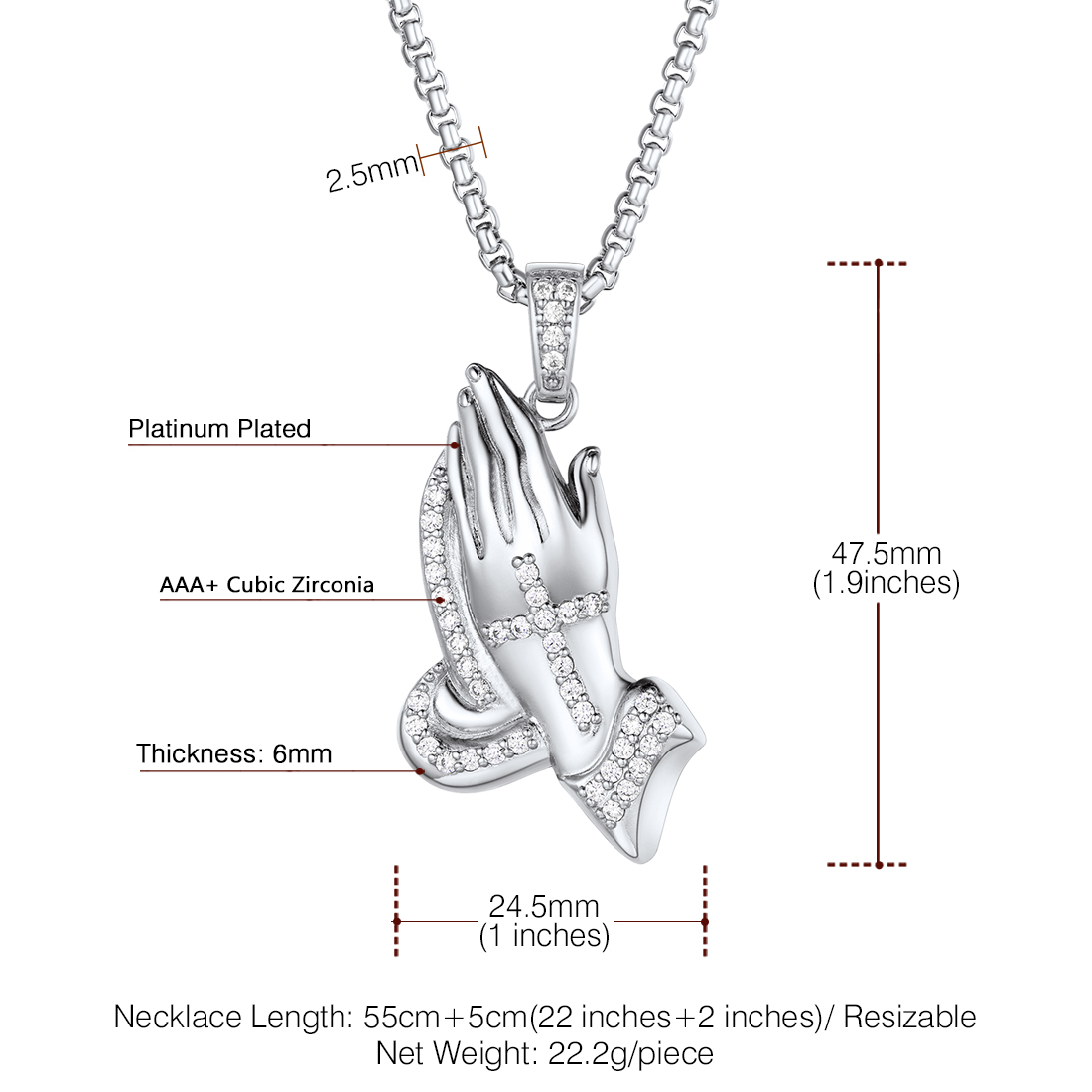 Praying Hand Cross Pendant Necklace with CZ Details-Necklace Length, Weight