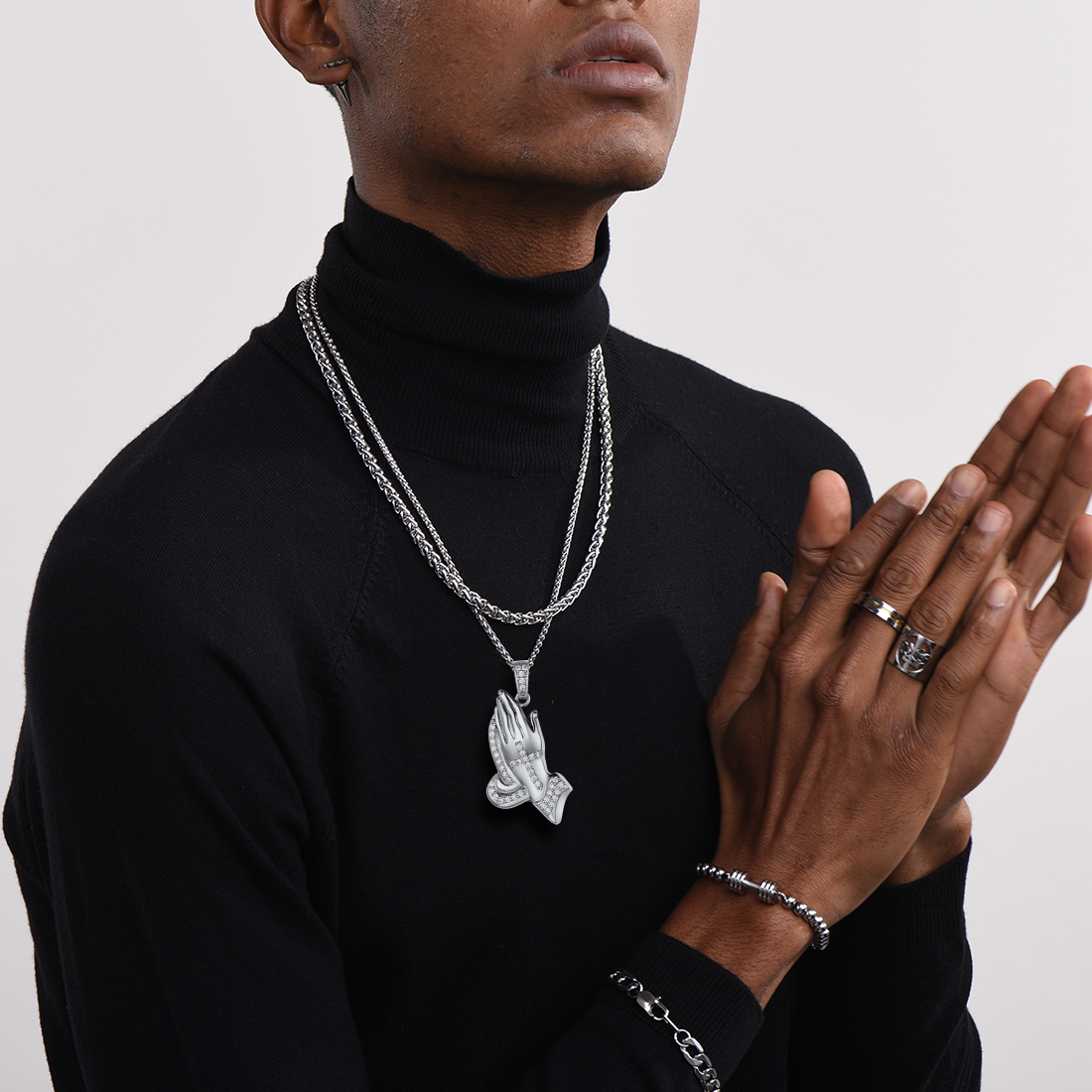 Praying Hand Cross Pendant Necklace with CZ for Men