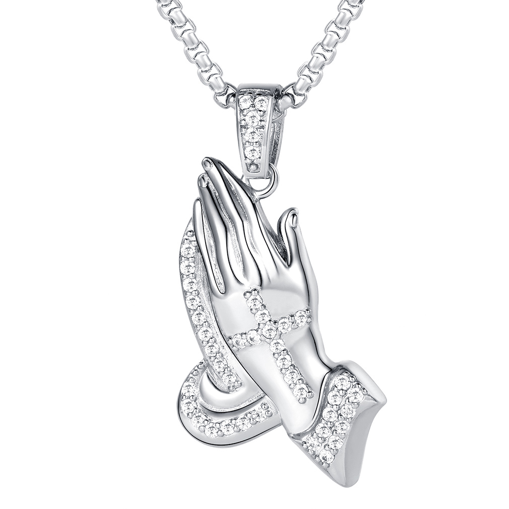 Praying Hand Cross Pendant Necklace with CZ in Platinum Plated