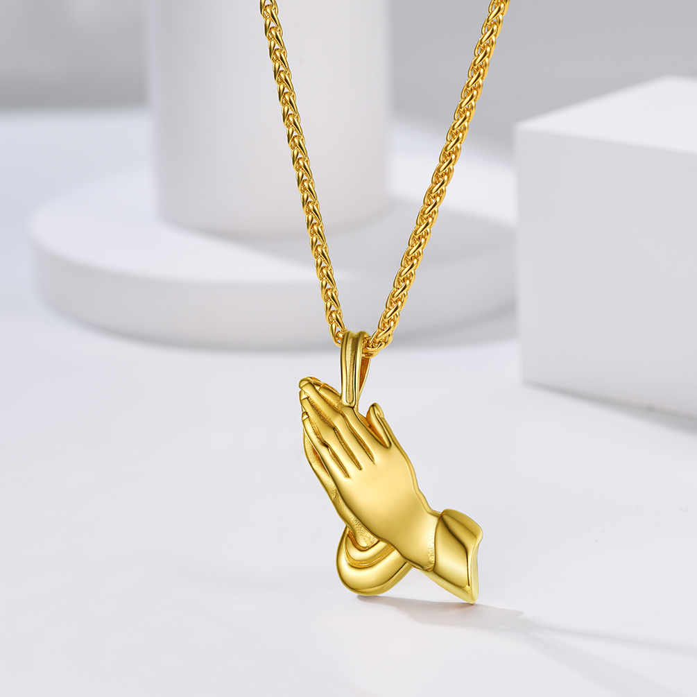 Praying Hand Pendant Necklace, 18K Gold Plated-01
