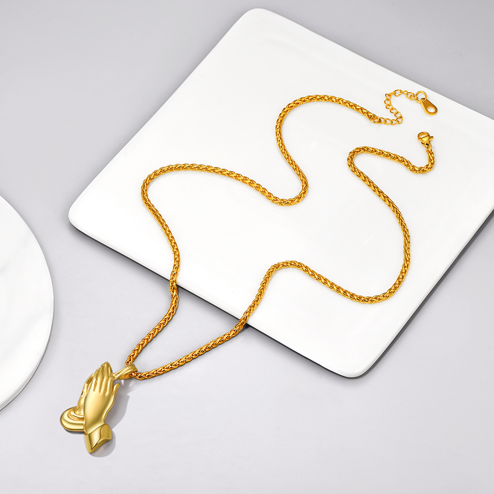Praying Hand Pendant Necklace, 18K Gold Plated-02