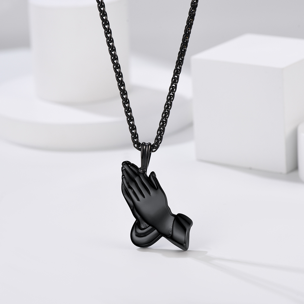 Praying Hand Pendant Necklace, Black Plated-01