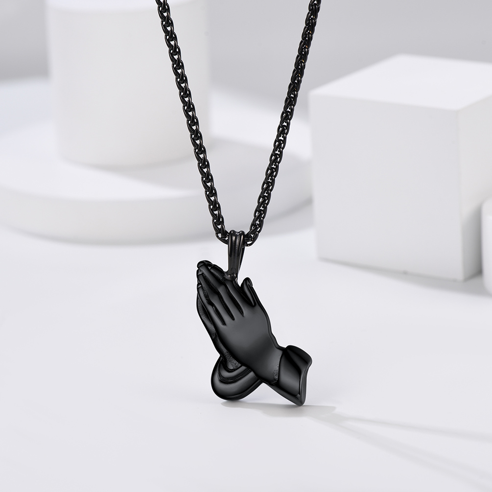 Praying Hand Pendant Necklace, Black Plated-01