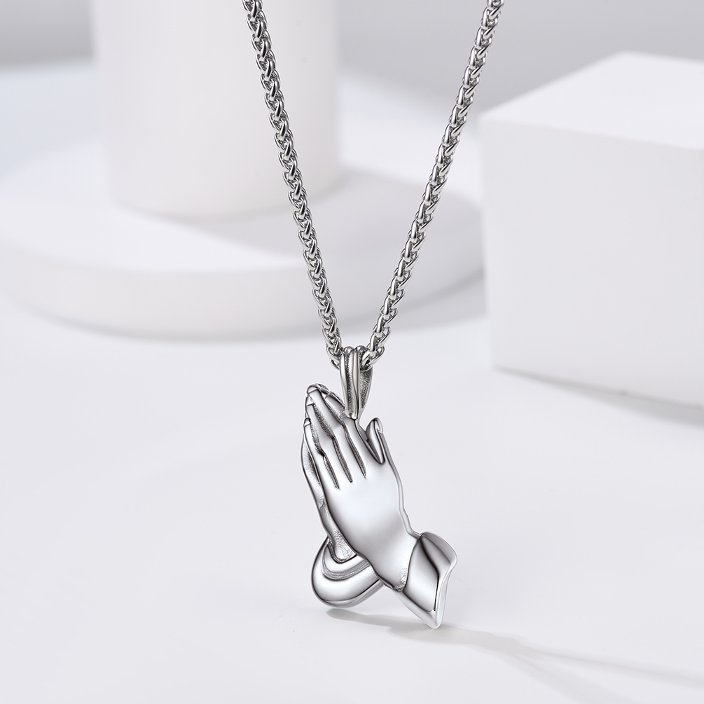 Praying Hand Pendant Necklace, Stainless Steel-01