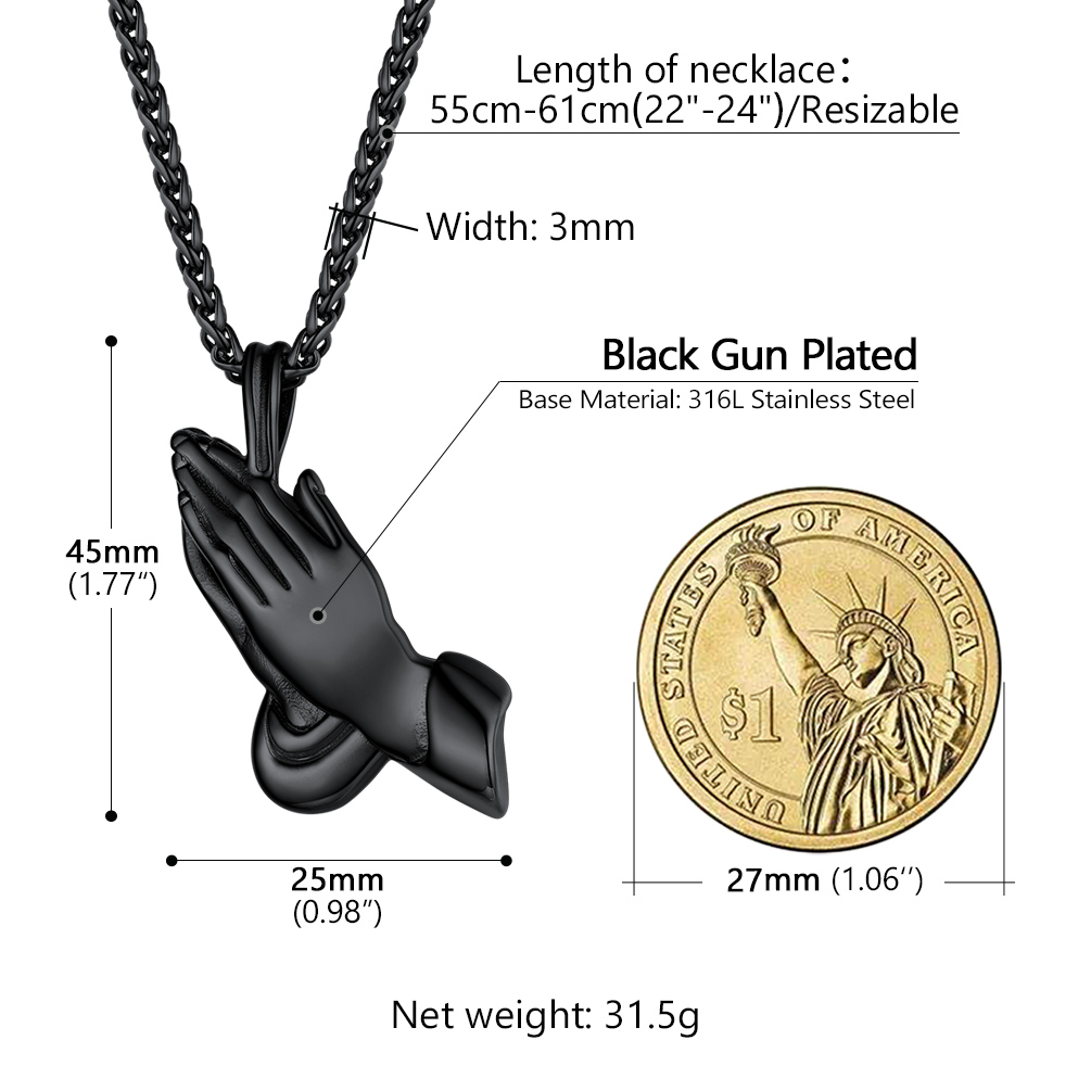 Praying Hand Pendant Necklace Details-Necklace Length, Weight