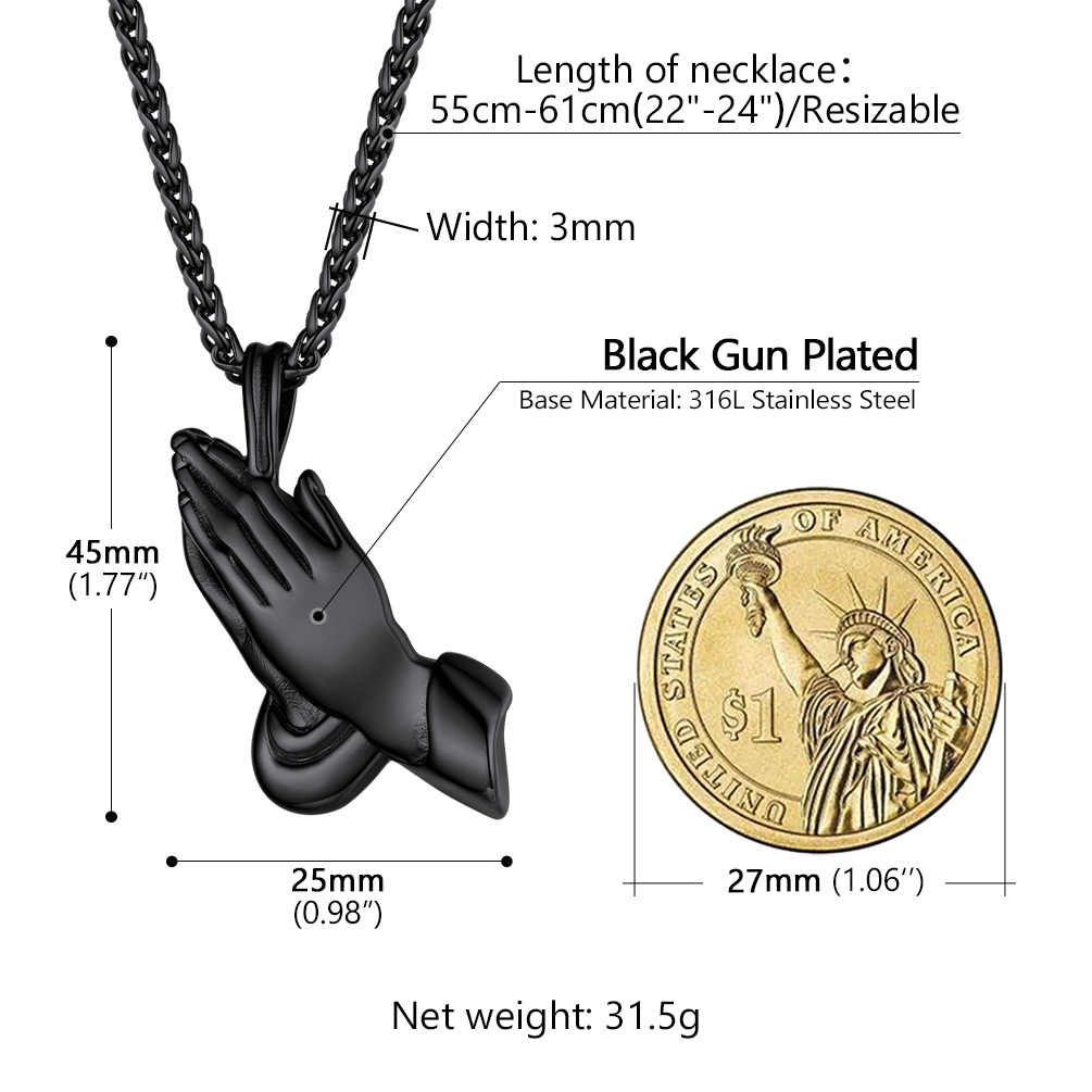 Praying Hand Pendant Necklace Details-Necklace Length, Weight
