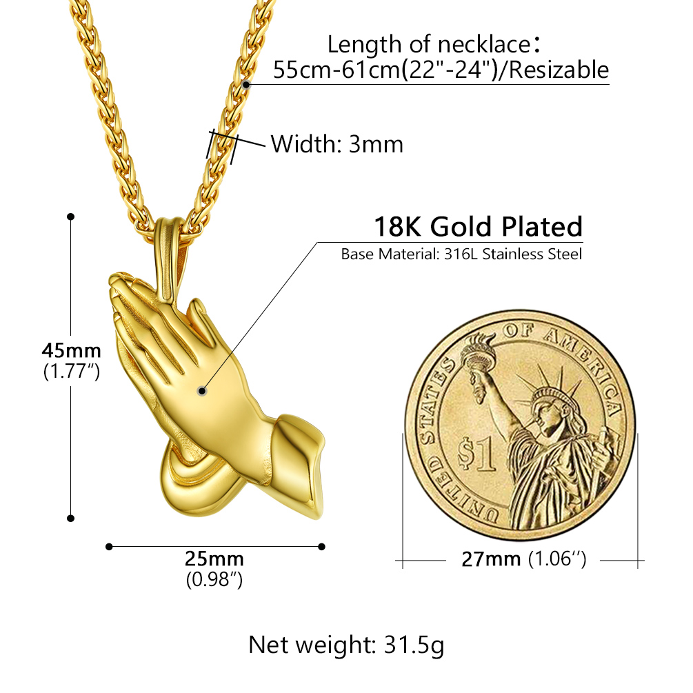 Christian Praying Hand Pendant Necklace for Men Women in 18K Gold